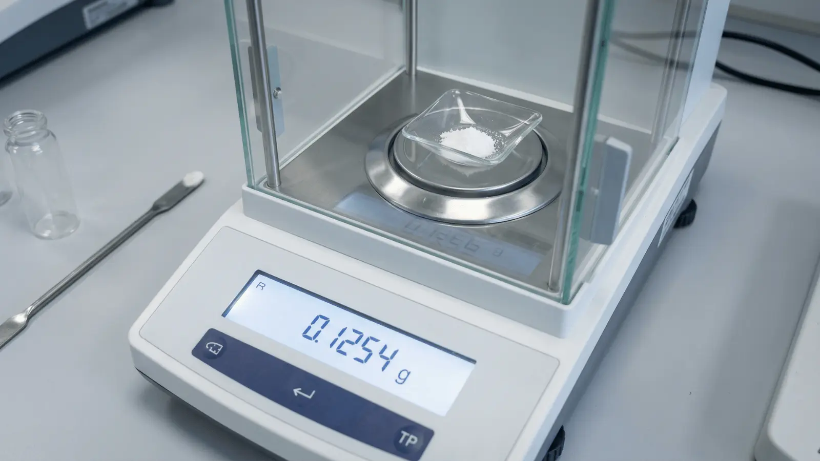 Digital balance measuring a small sample in a laboratory setting