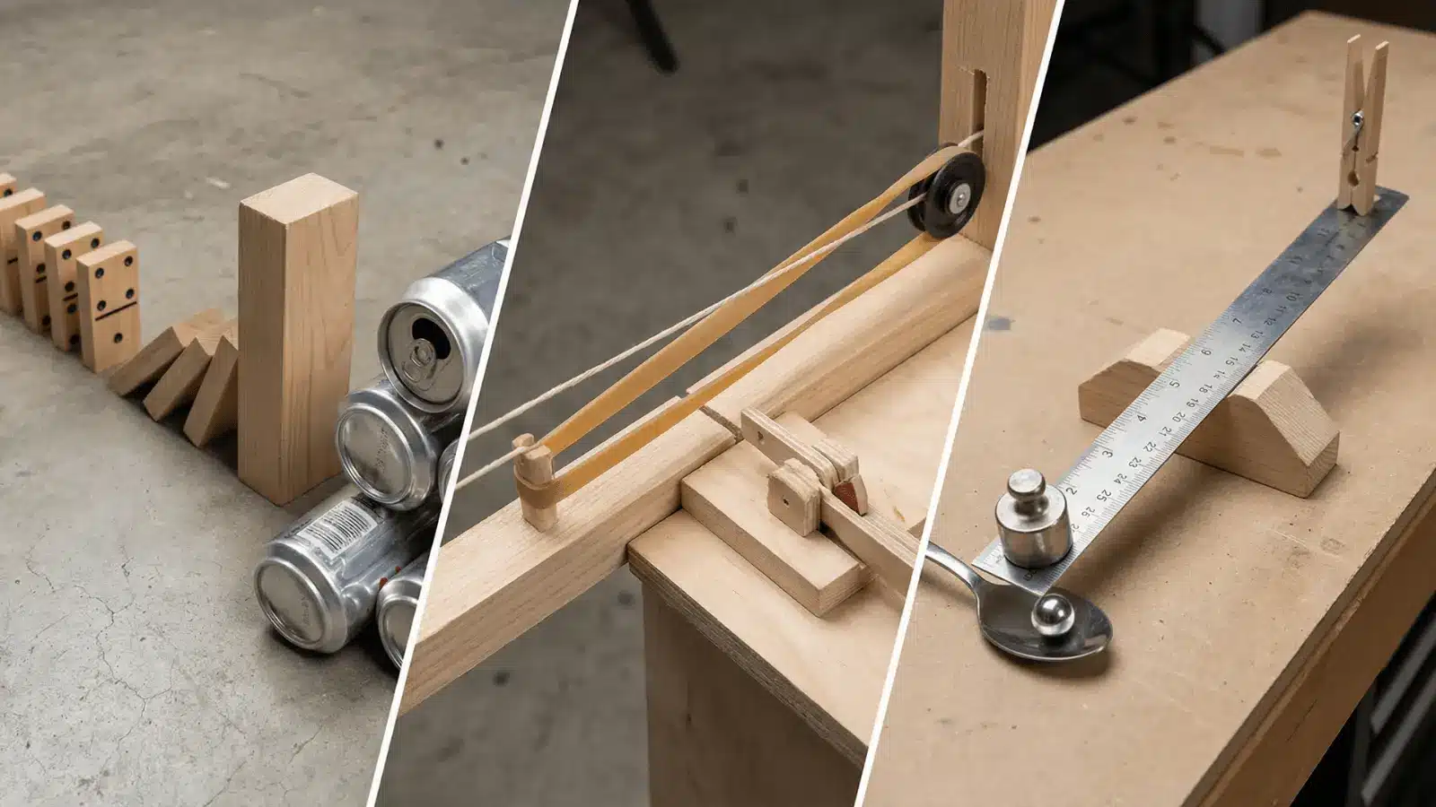Domino chain, string with rubber band, and lever tools arranged to transfer force between steps