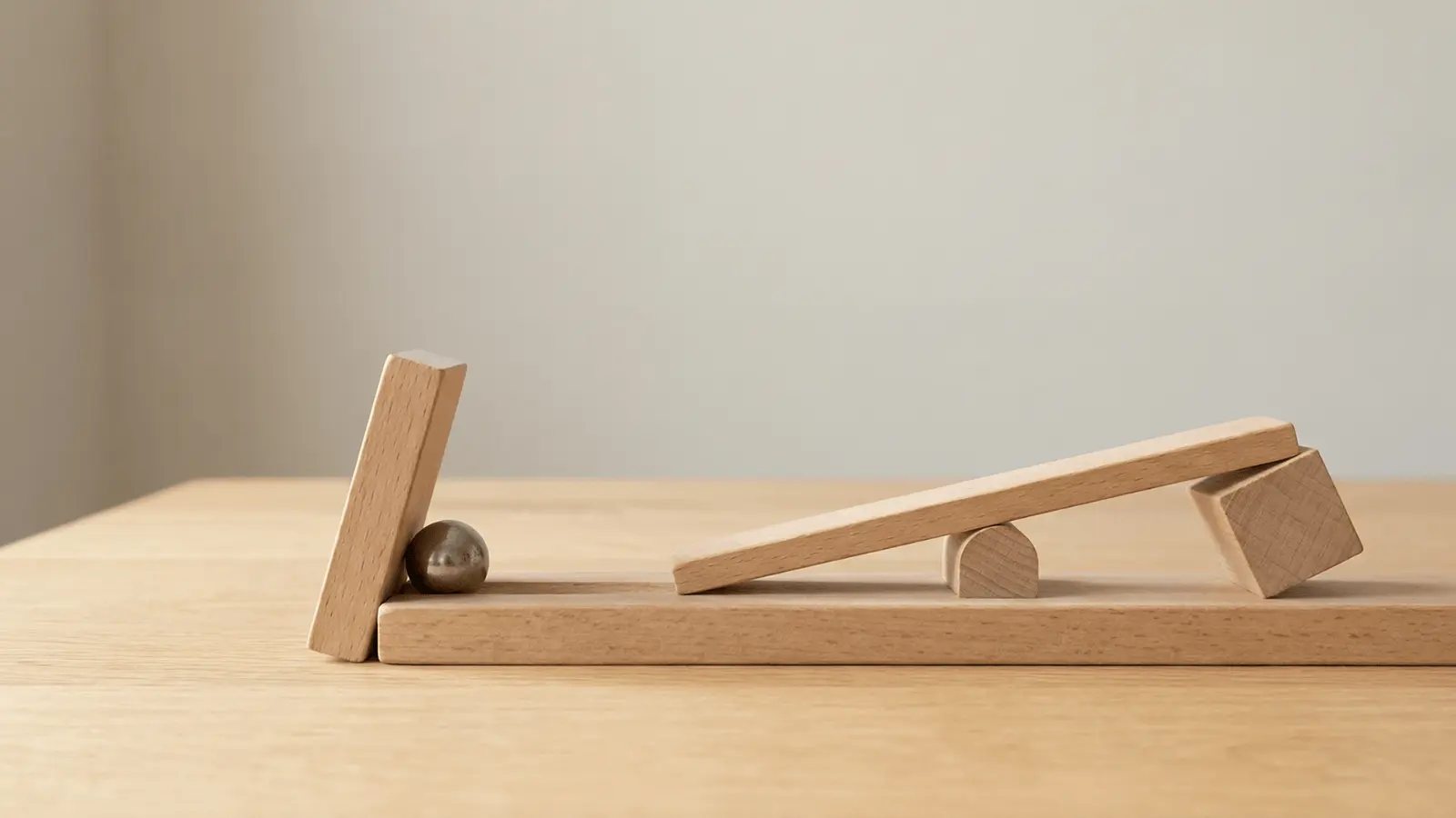 Domino hitting a ball which rolls into a lever to trigger the next step