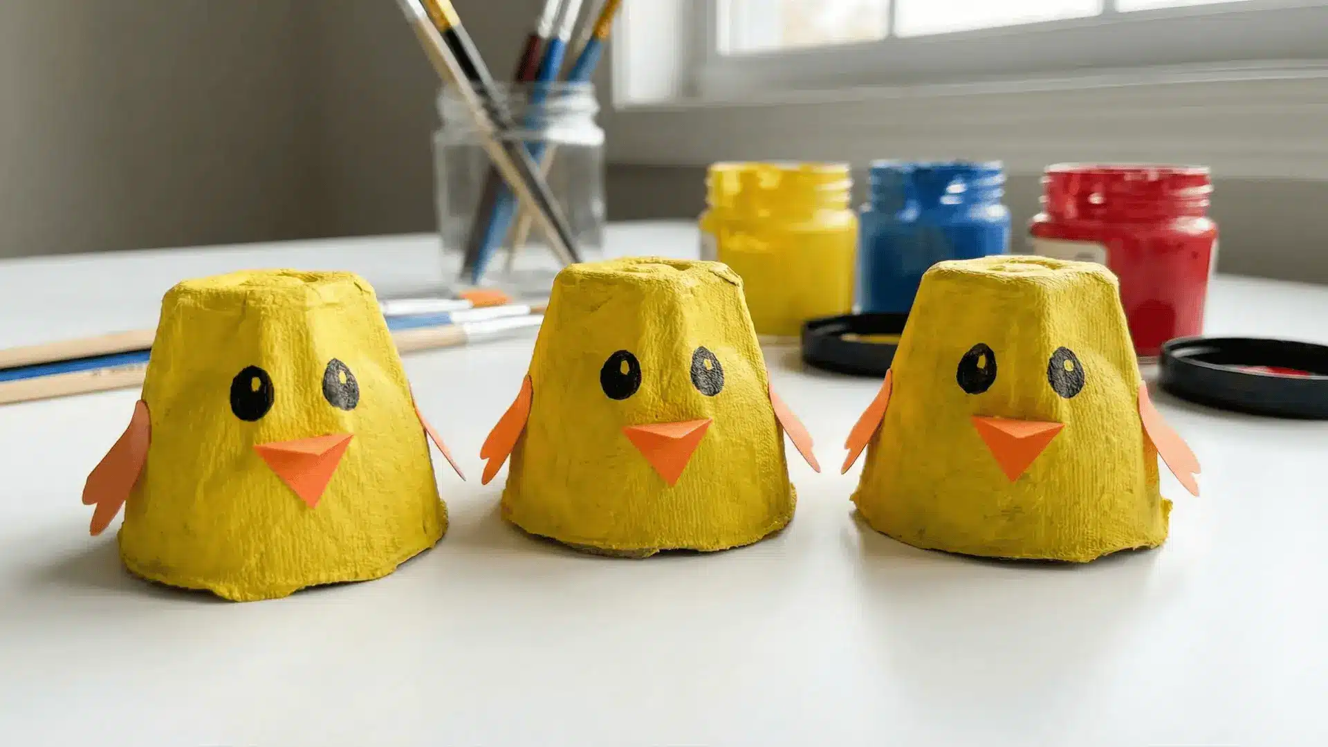 Egg carton chicks painted yellow with paper beaks, wings, and eyes on a clean table