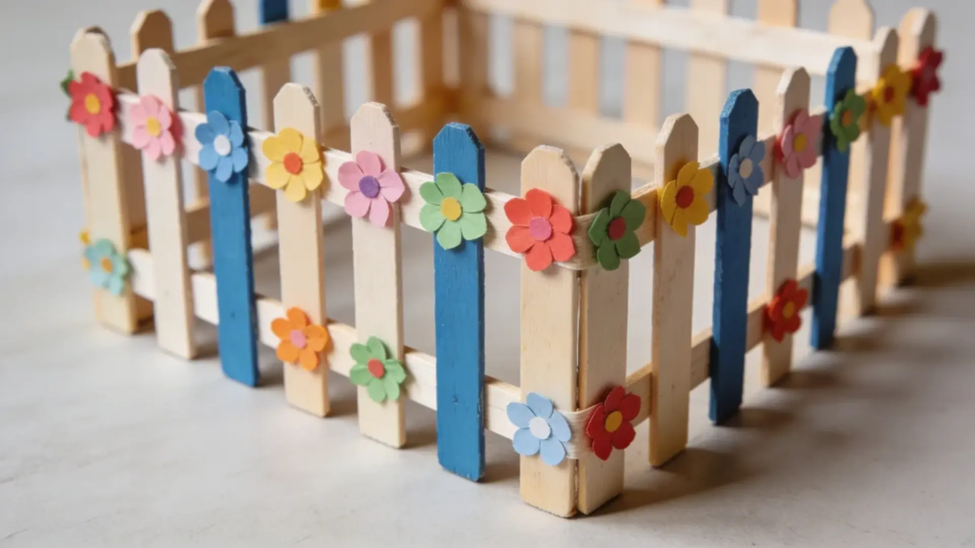 Fence made from popsicle sticks with small paper flowers attached