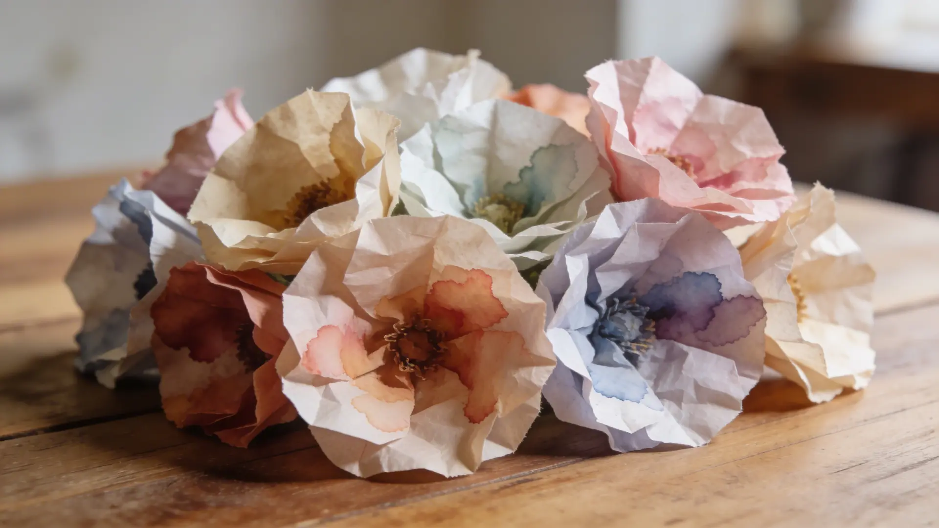 Flowers made from coffee filters with blended colors and soft texture