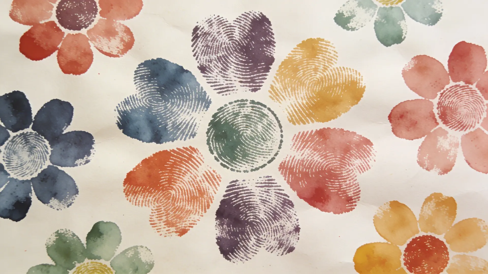 Flowers made with finger paint prints arranged on paper
