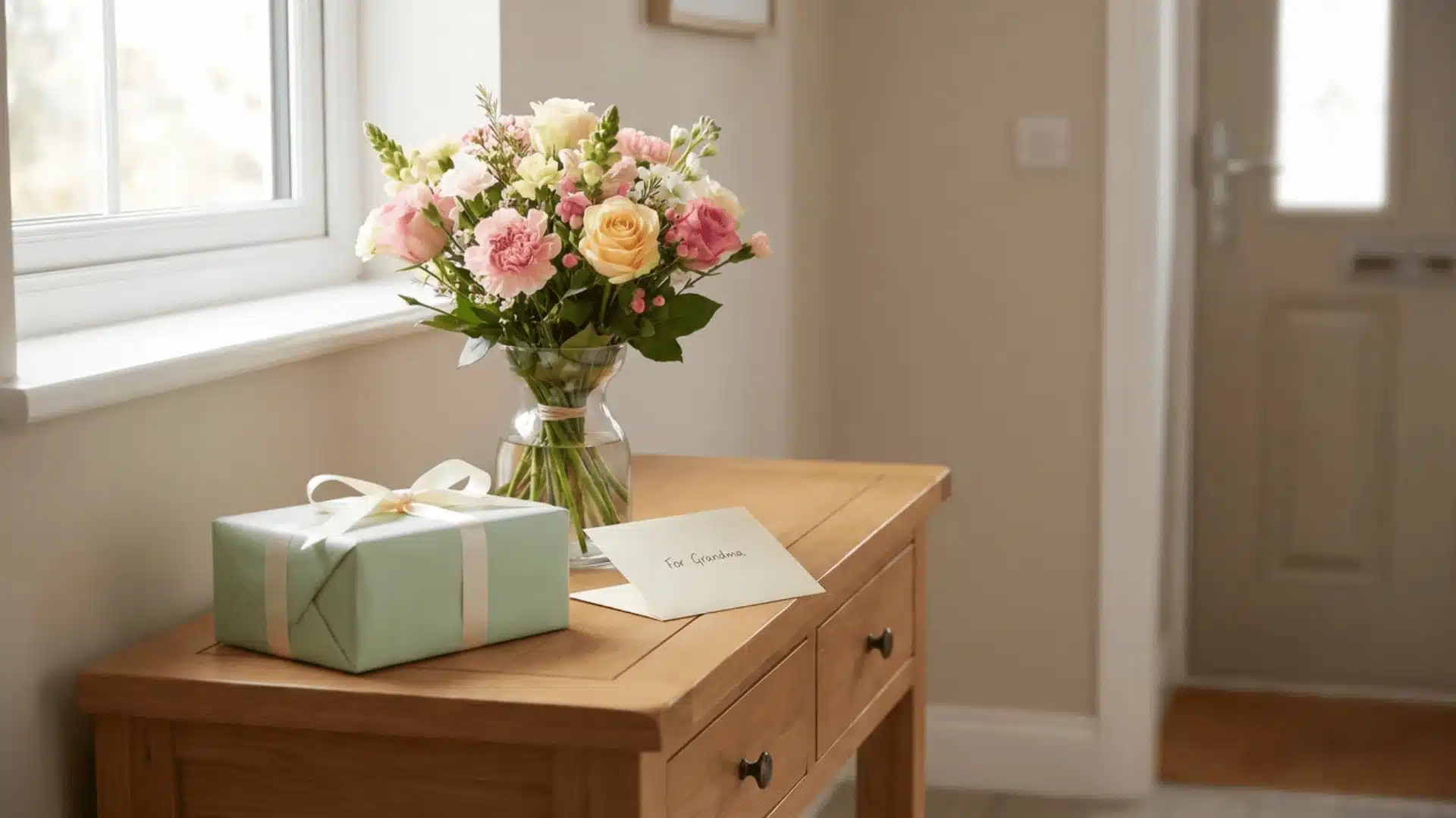 Flowers, wrapped gift box, and handwritten letter on table