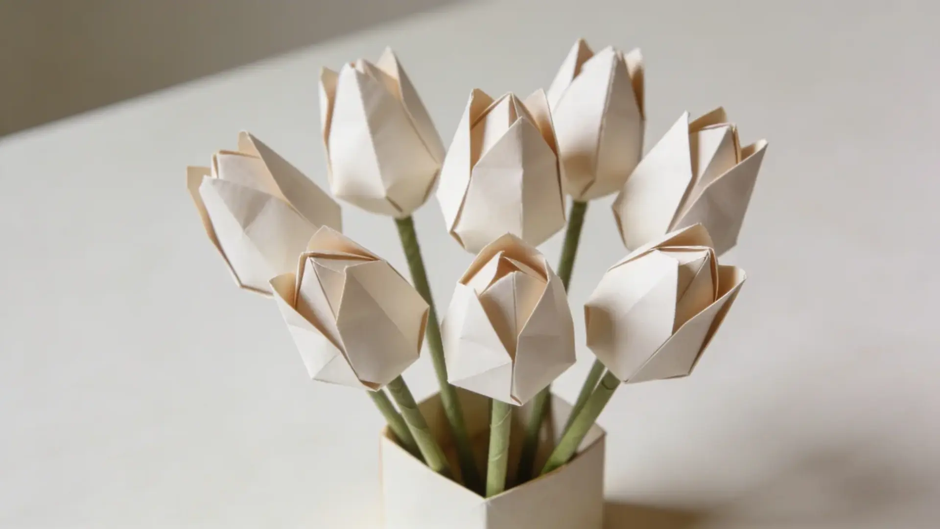 Folded paper tulips with stems arranged together on a surface