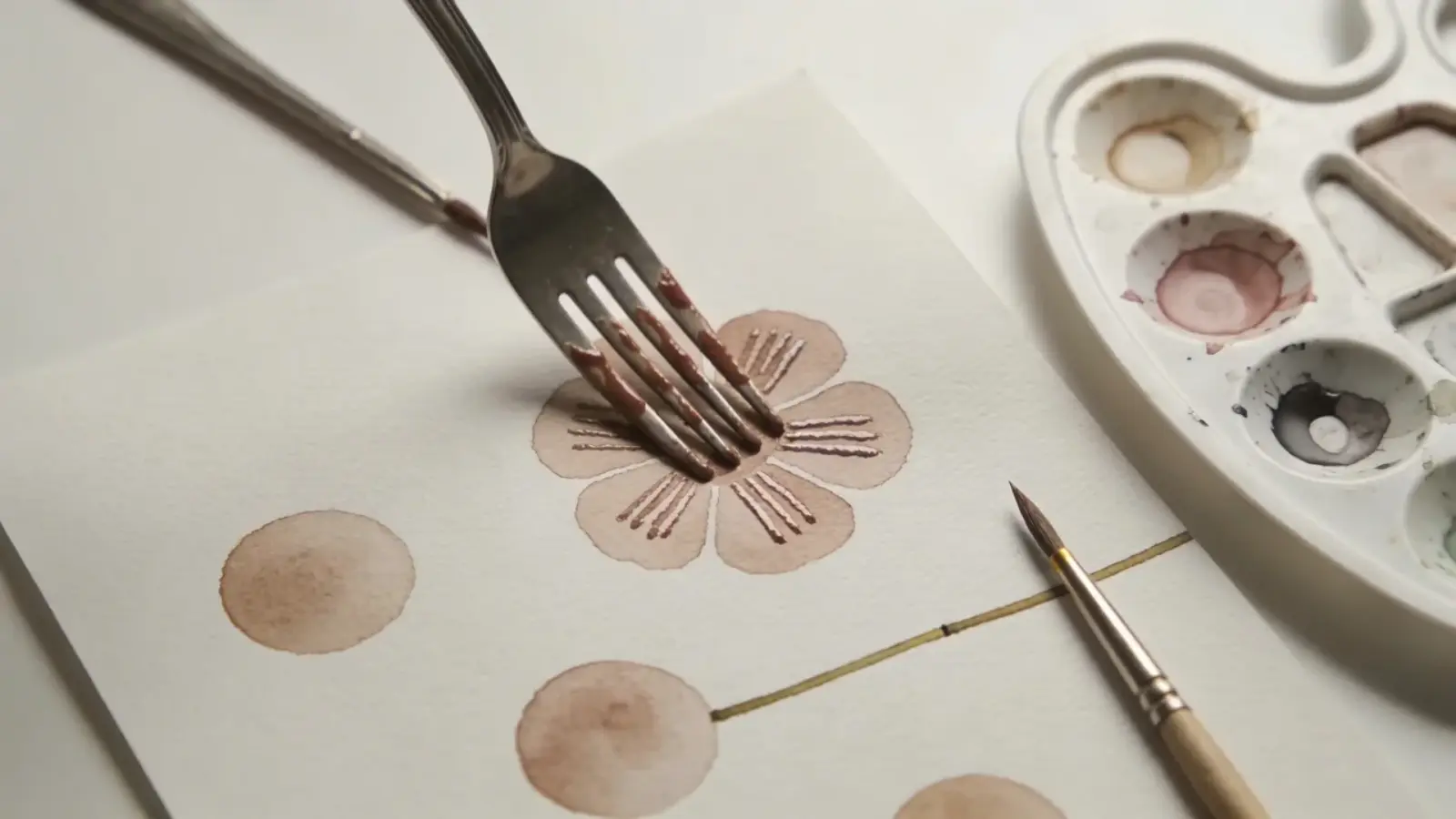 Fork pressing paint onto paper to create flower petal shapes with brush and palette nearby