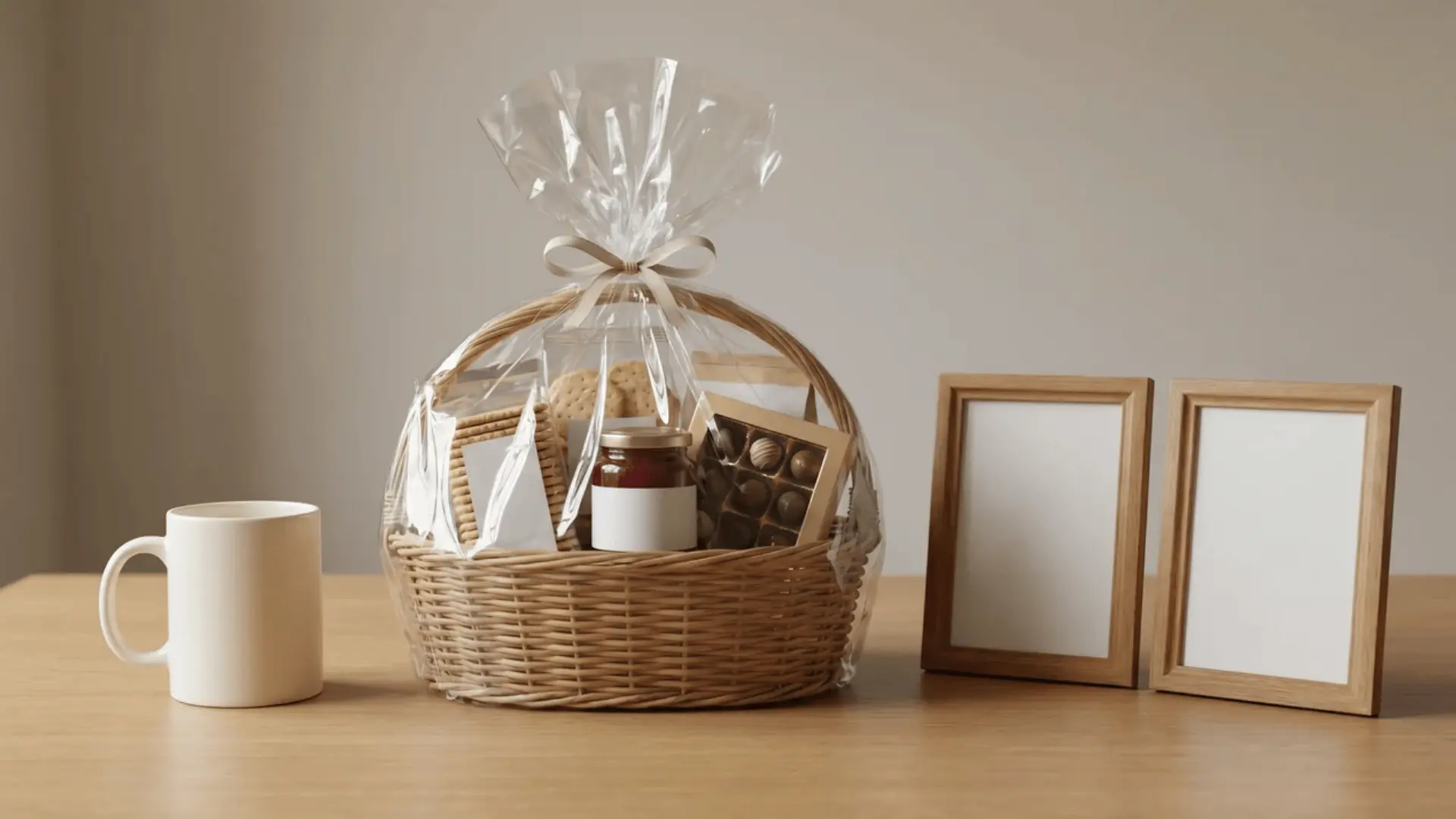 Generic mug, food basket, and photo frames on table