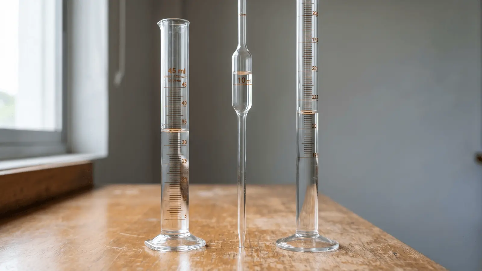 Graduated cylinder, pipette, and burette showing liquid levels for comparison