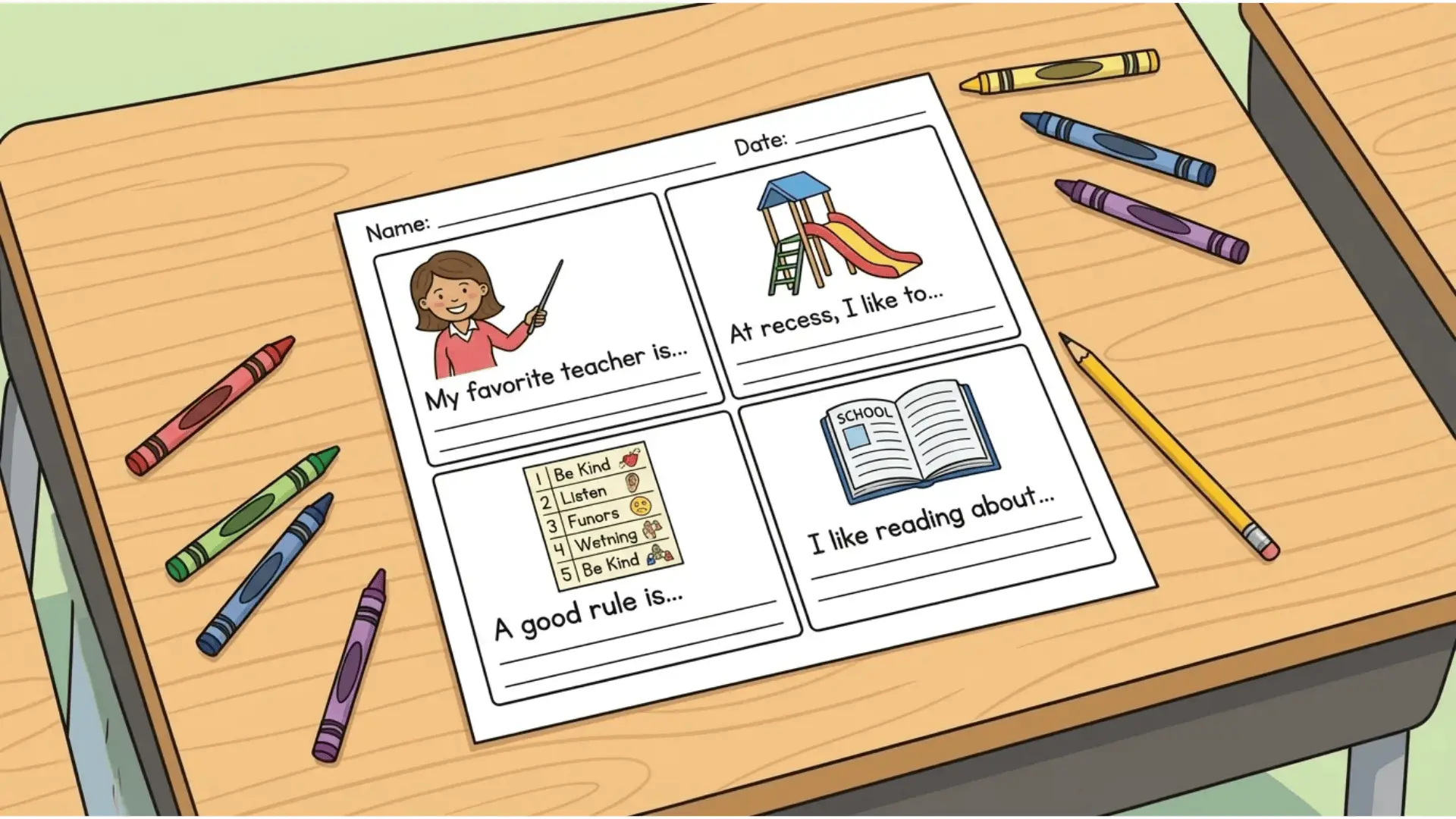 Kindergarten worksheet with drawings of a teacher, playground, rule chart, and book for classroom writing prompts. (1)