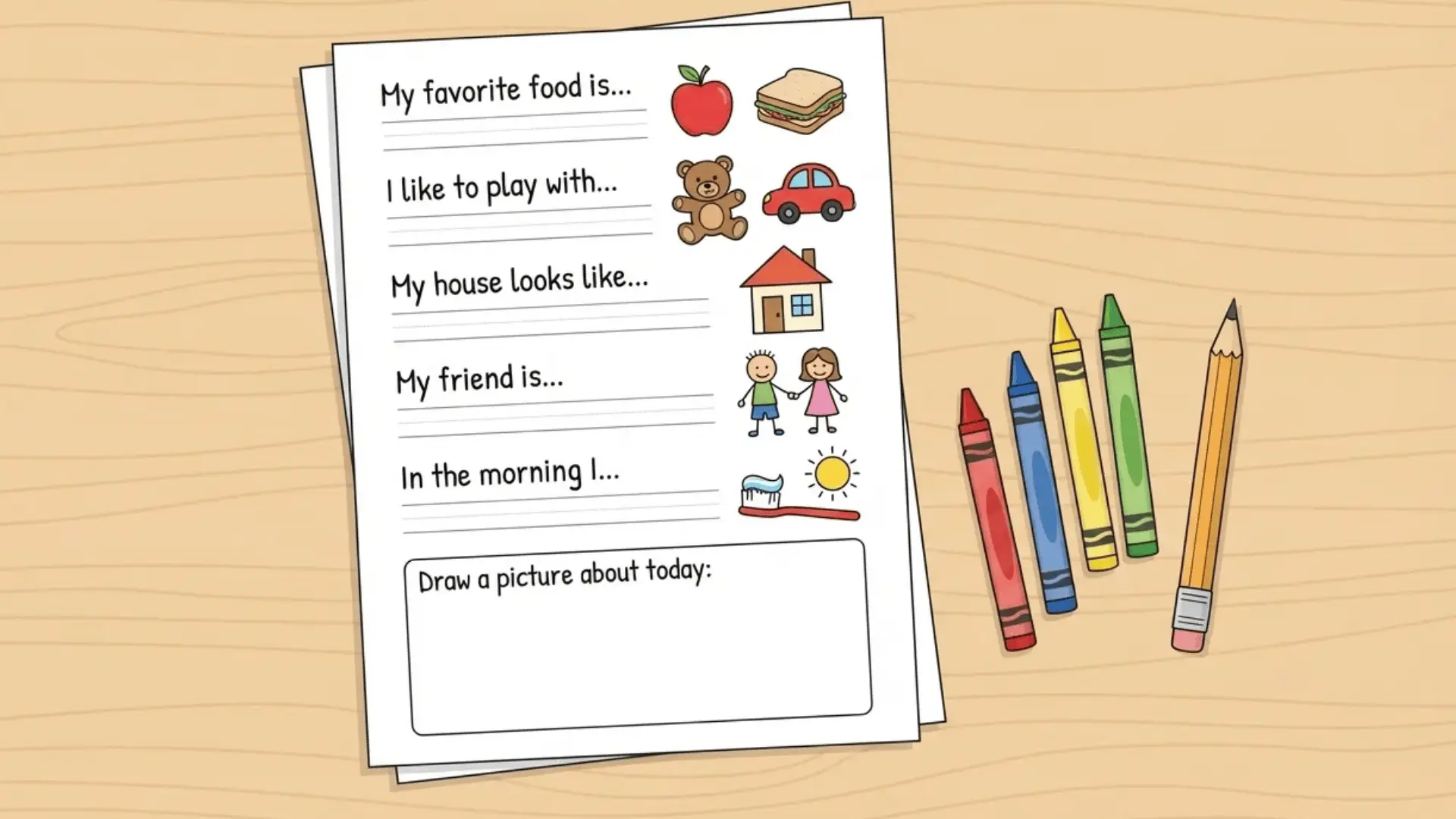 Kindergarten worksheet with drawings of food, toy, house, and morning routine items for daily writing prompts.