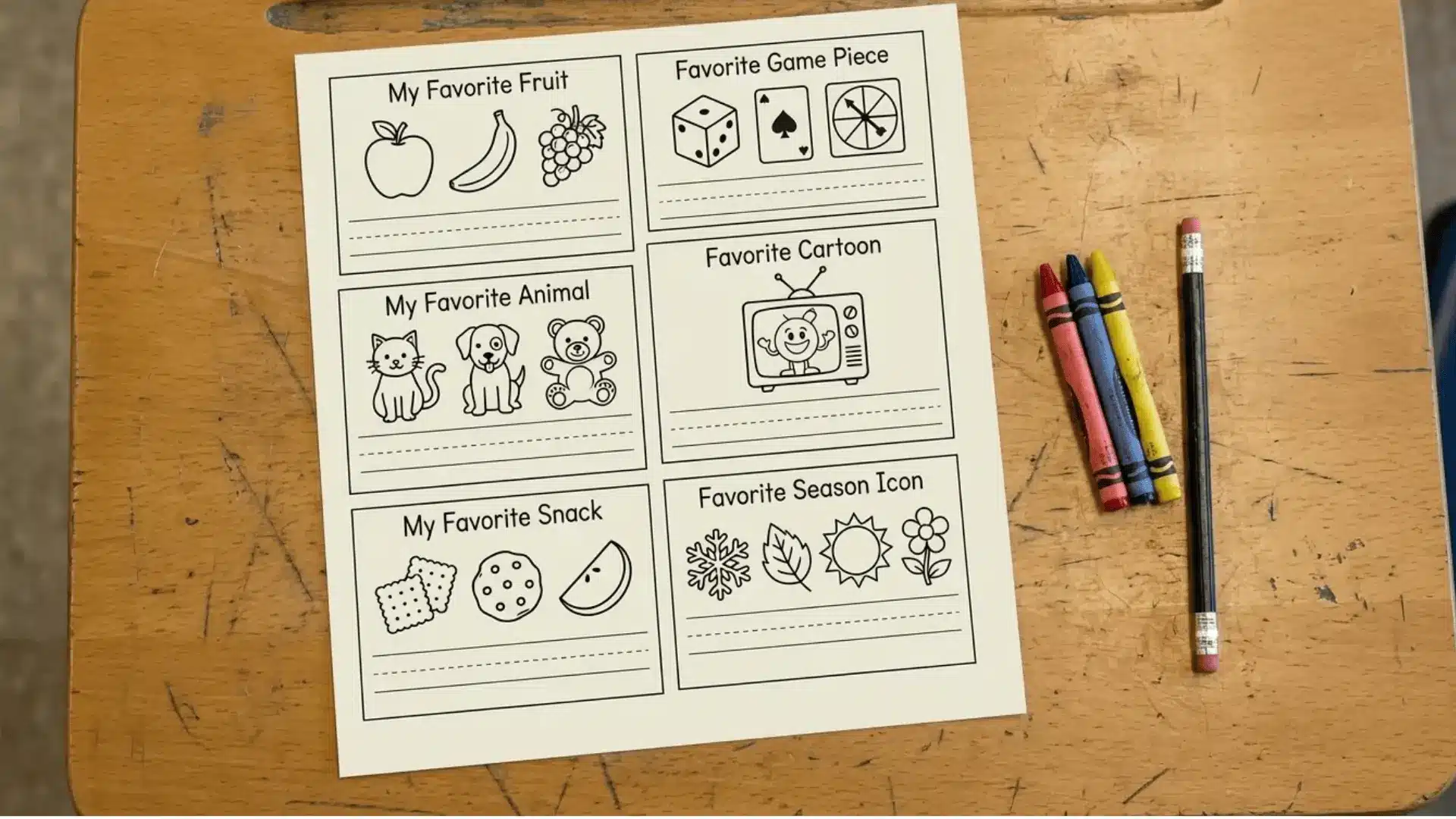 Kindergarten worksheet with drawings of fruit, animal, snack, game pieces, cartoon screen, and season icons.