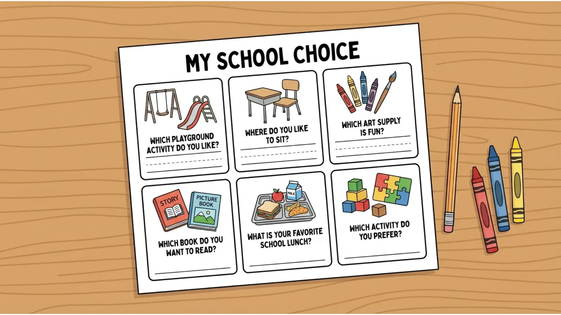 Kindergarten worksheet with drawings of playground, classroom seat, art supplies, books, lunch tray, and school activity icons.
