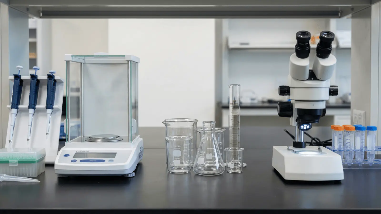 Lab tools arranged by precision and purpose on a clean laboratory bench