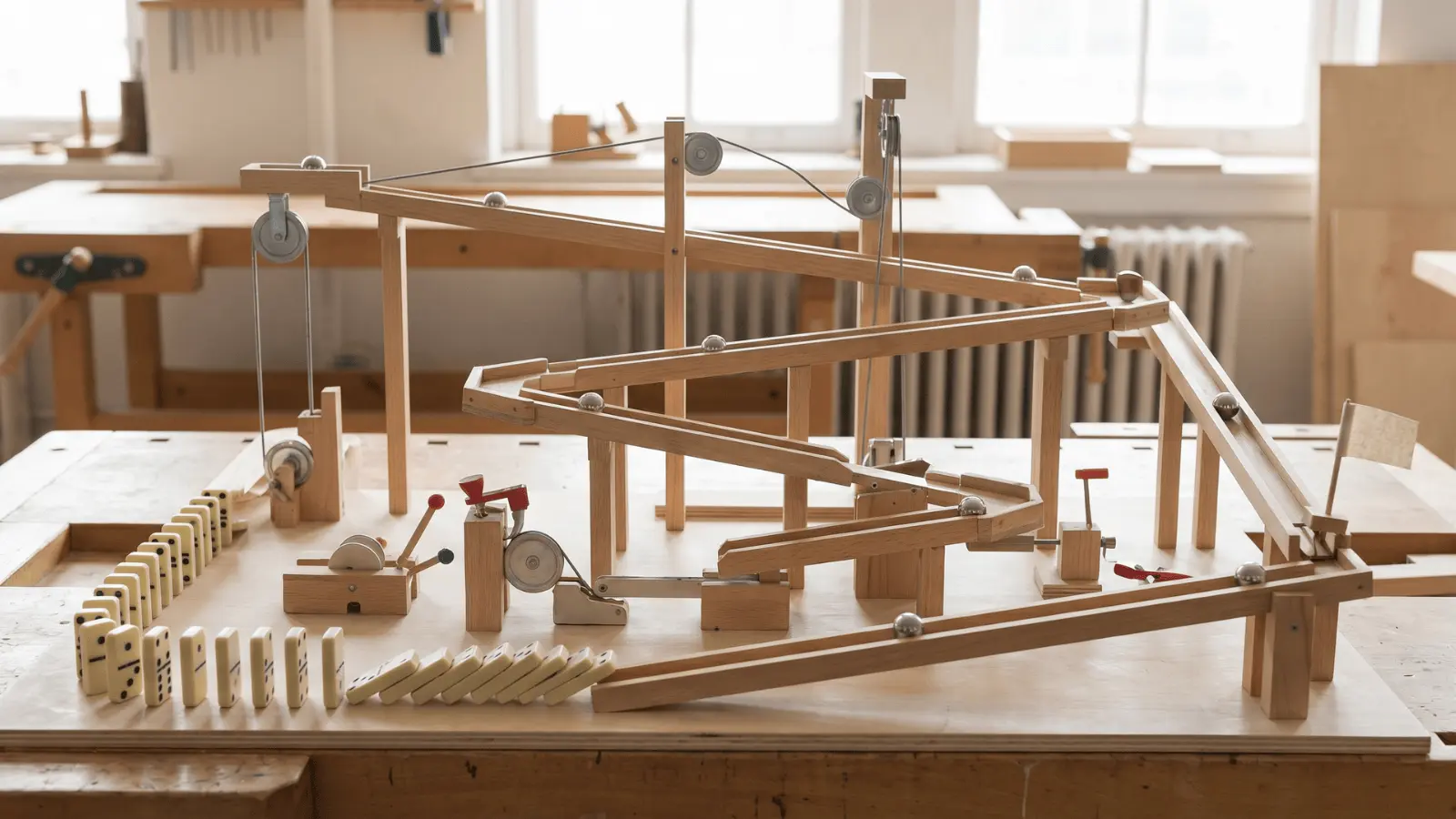Multi-step Rube Goldberg machine with dominoes, ramps, and balls arranged on a table