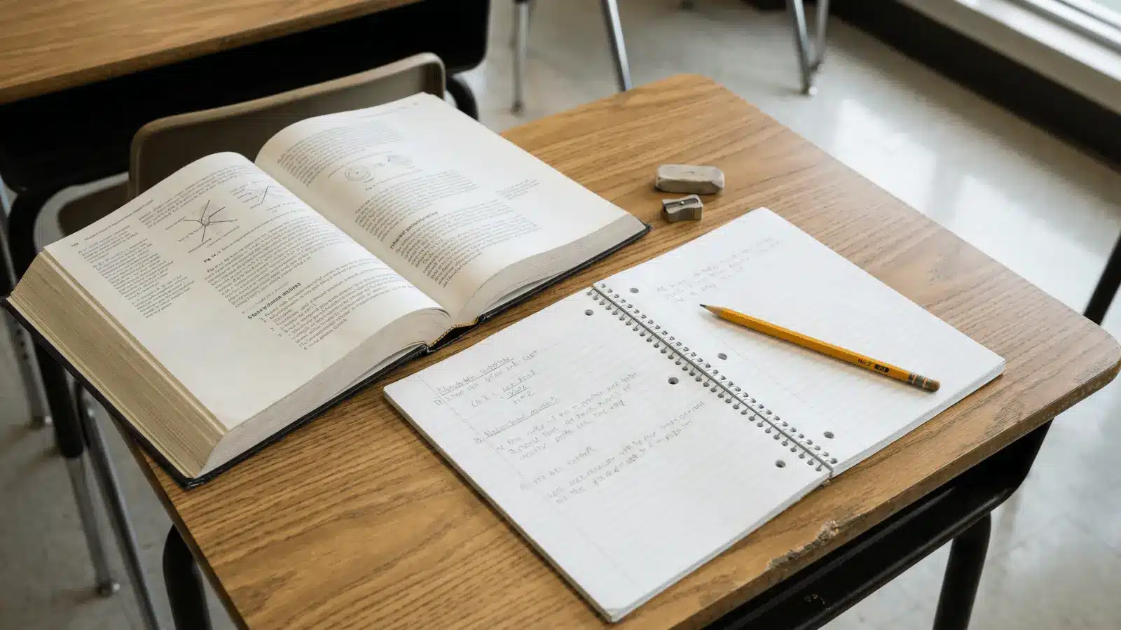 Open book with notebook and pencil on a desk ready for activity