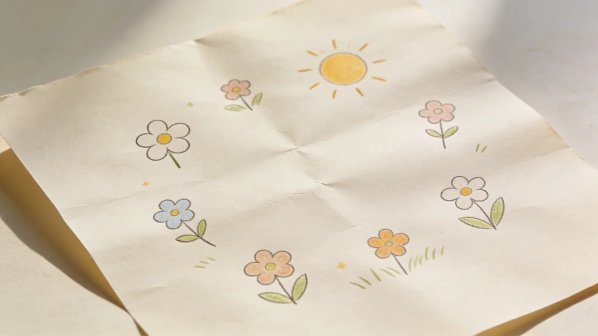 Page filled with small doodles of flowers, sun, and clouds
