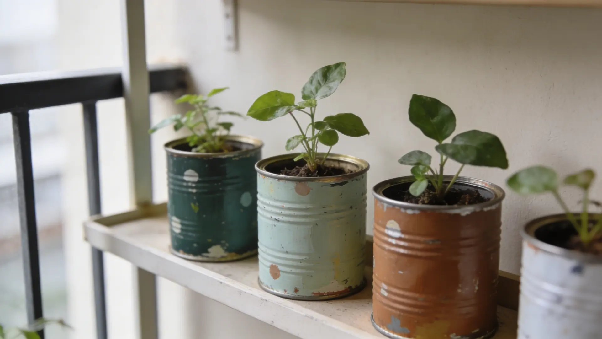 Painted tin cans used as planters with small plants inside