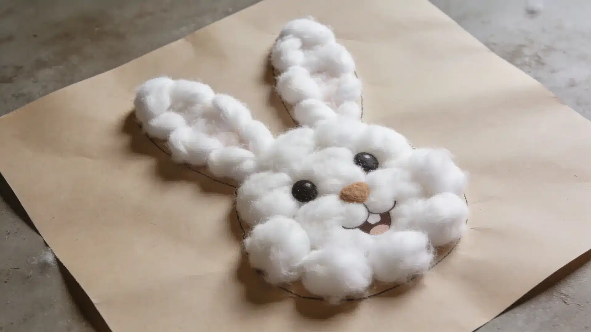 Paper bunny shape covered with cotton balls and simple facial features