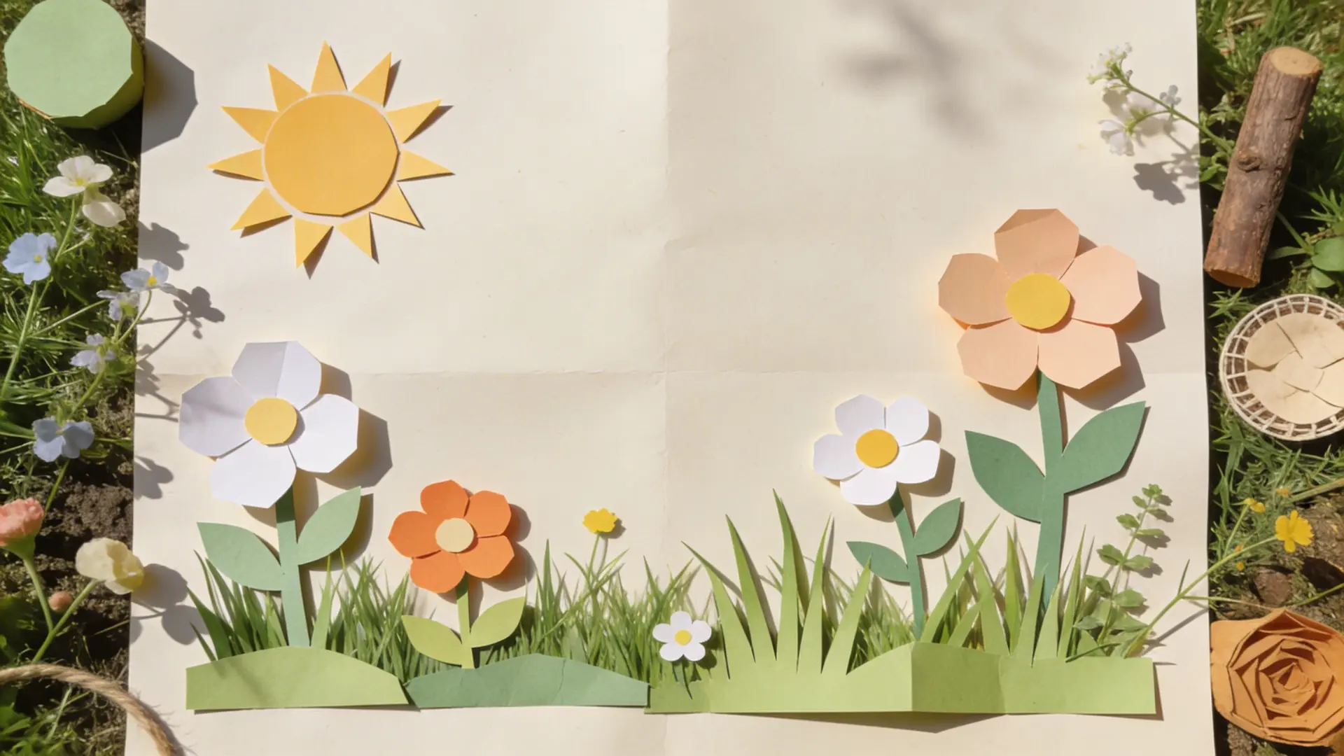 Paper collage with flowers, sun, and grass arranged on a sheet