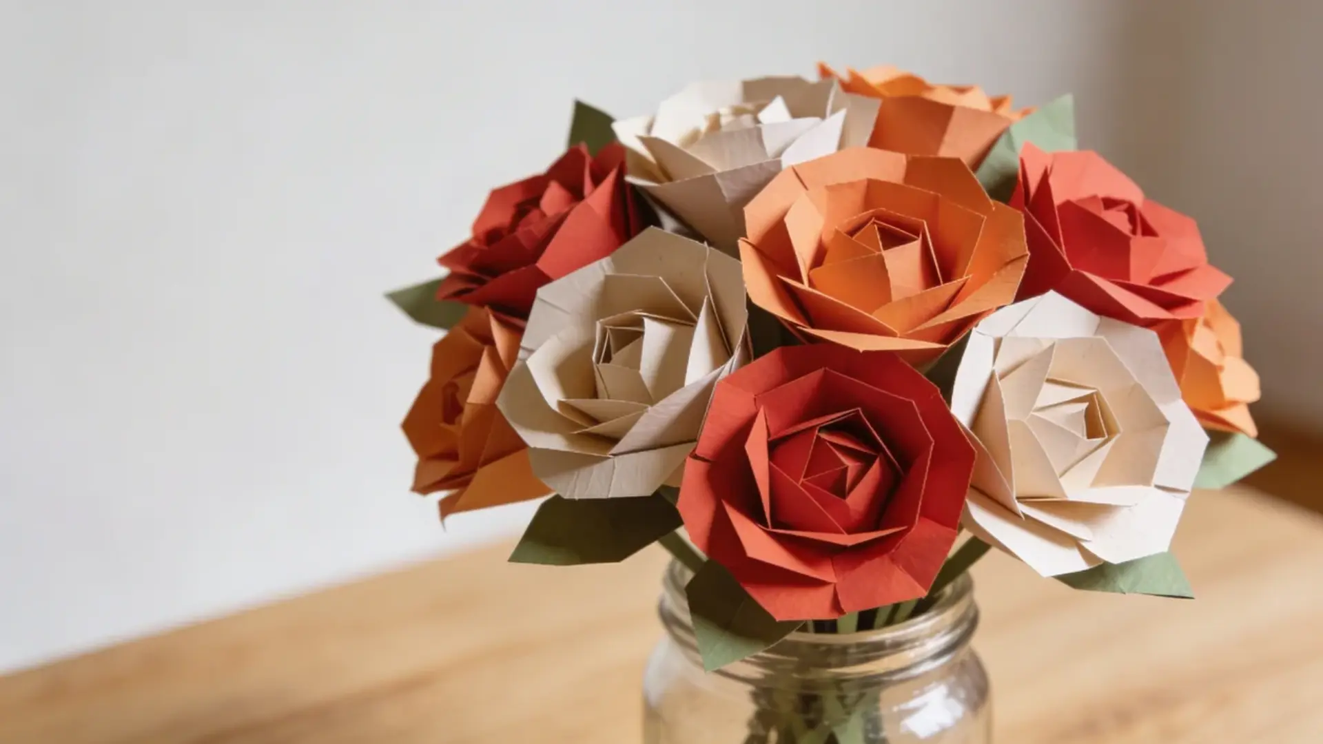 Paper flower bouquet with layered petals arranged in a holder