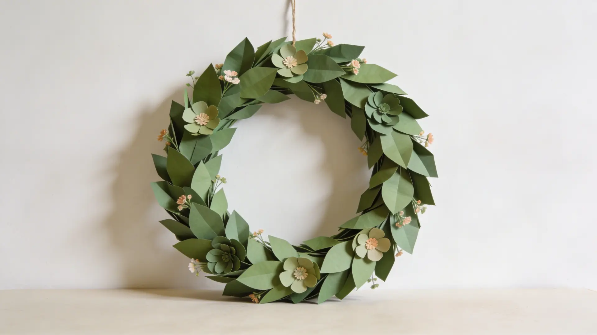 Paper wreath with green leaves and small flowers in a circular shape