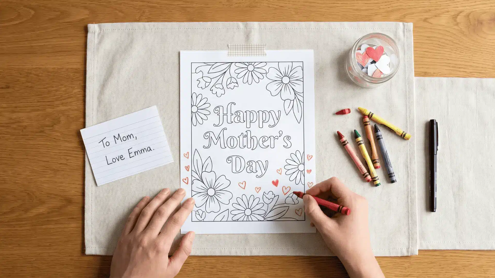 Person customizing Mother’s Day coloring page with message, colors, and decorations