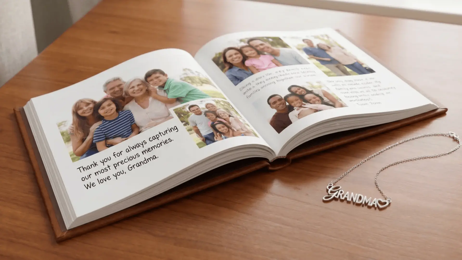 Photo book and engraved necklace on table