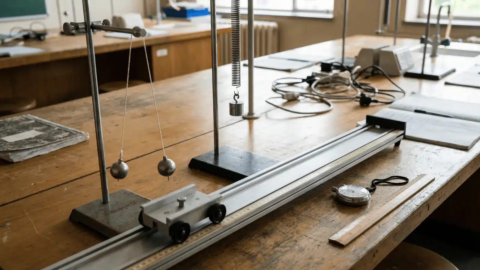 Physics lab setup with motion cart, pendulum, and spring for studying different motion types
