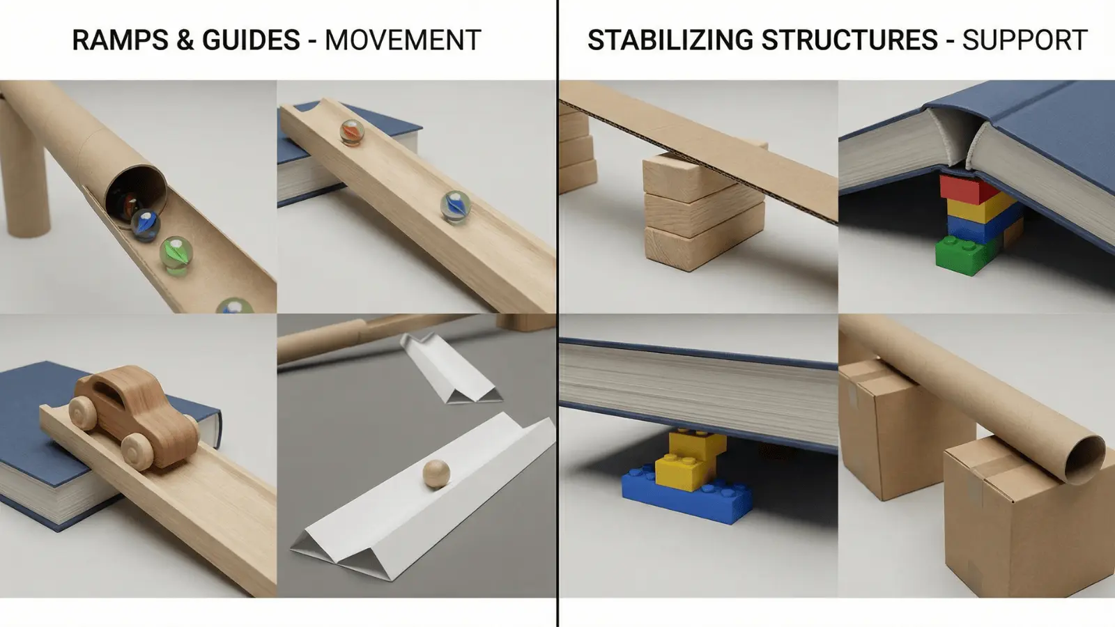 Ramps guiding objects and blocks with boxes supporting the structure to keep alignment stable