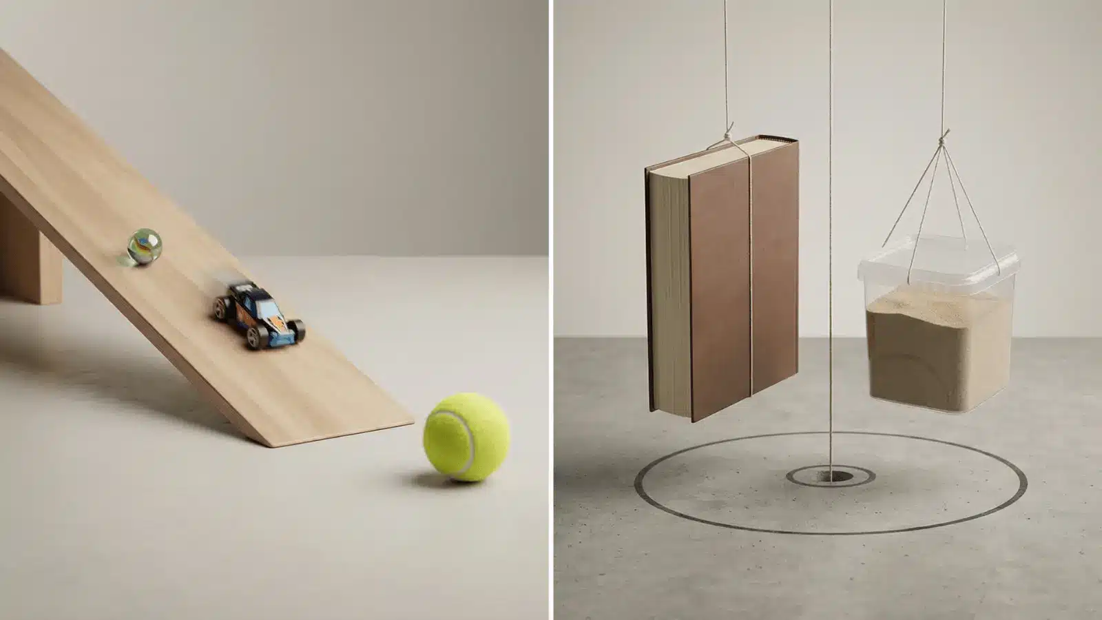 Rolling balls on a ramp and a book with container positioned for a vertical drop setup