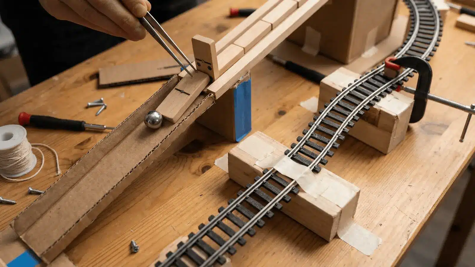 Rube Goldberg setup with misaligned step being adjusted and guides added to stabilize the chain