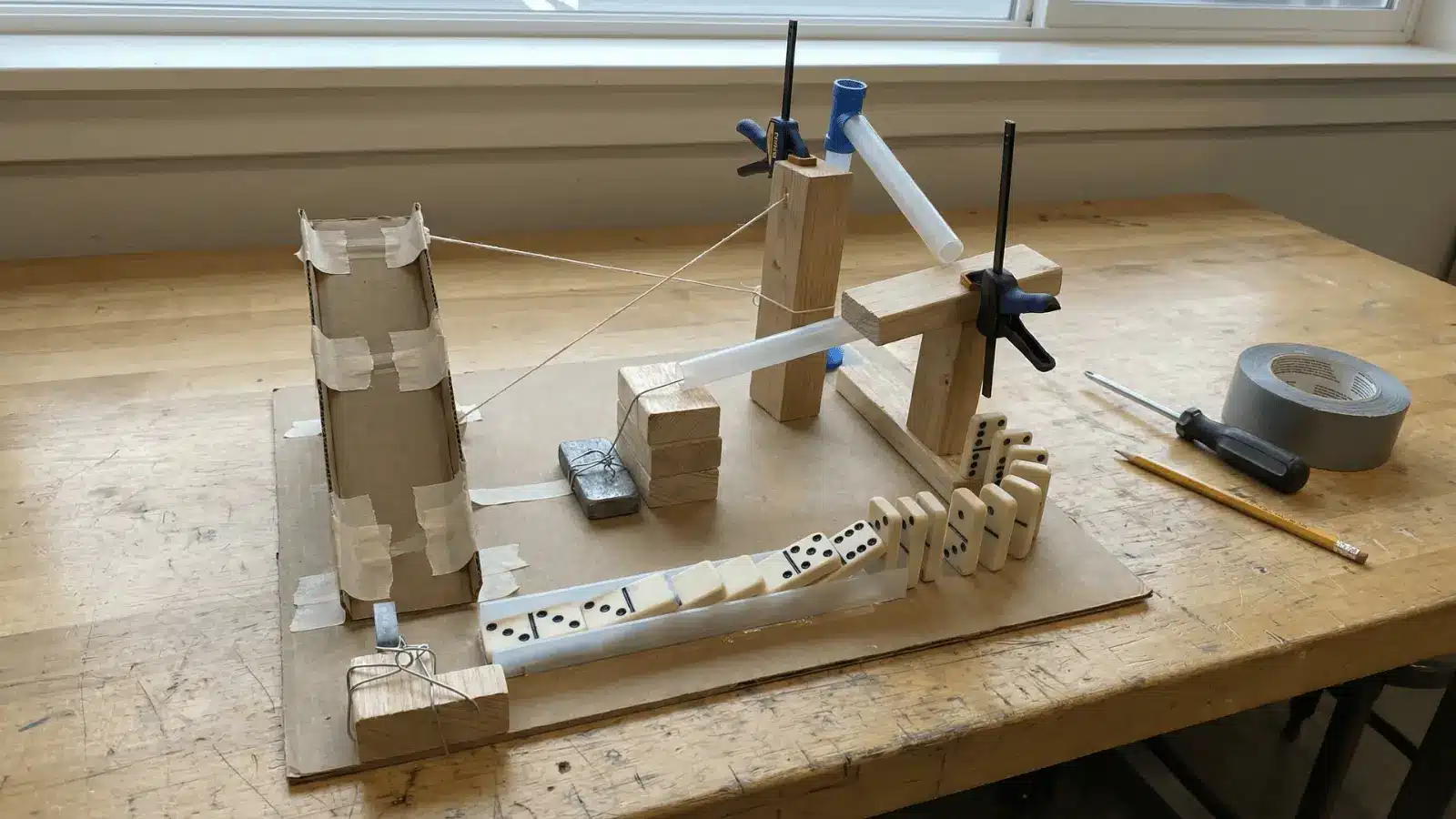 Rube Goldberg setup with tape guides, aligned ramps, and adjusted objects for smoother movement
