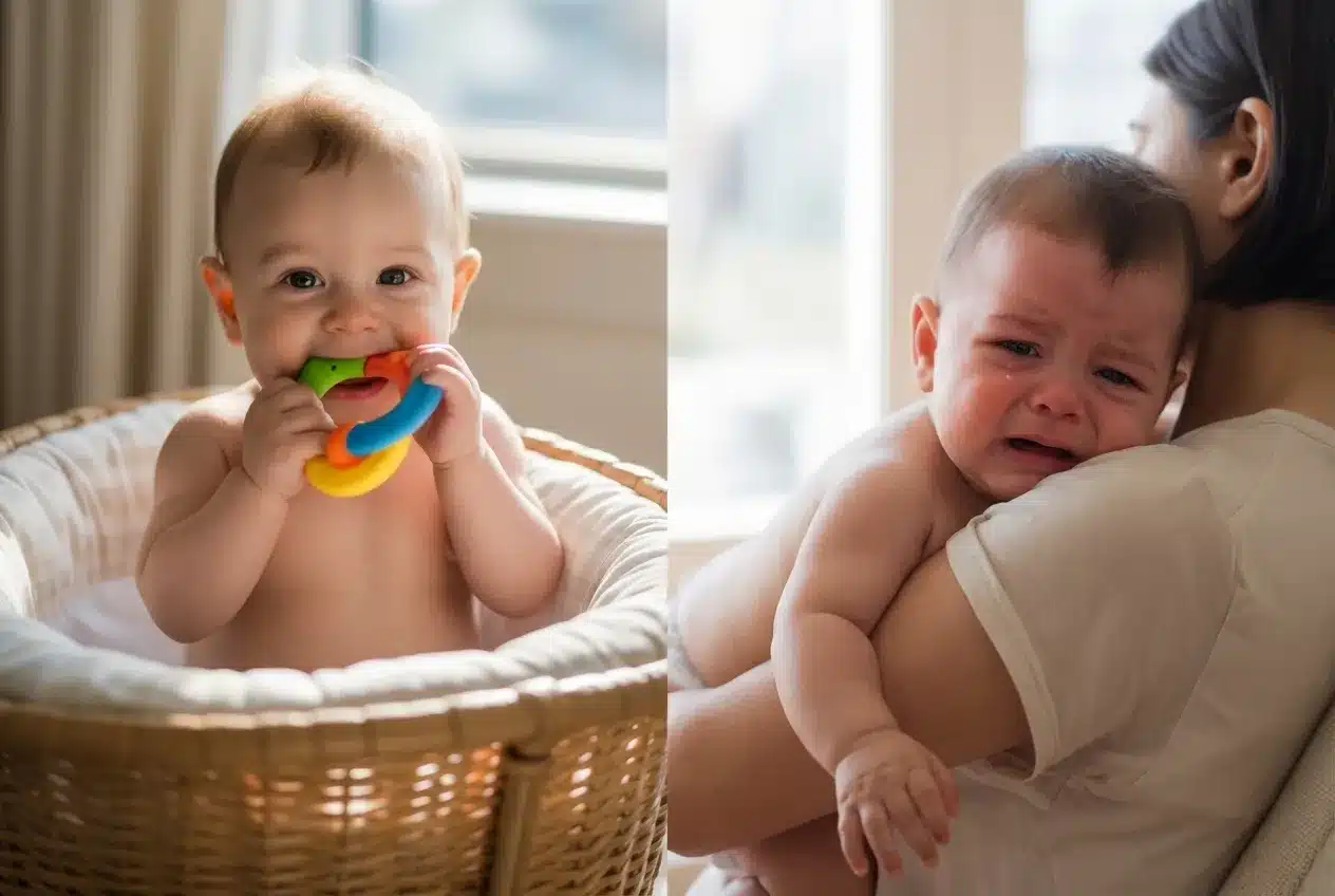 Side by side comparison of teething symptoms vs cold symptoms in a baby