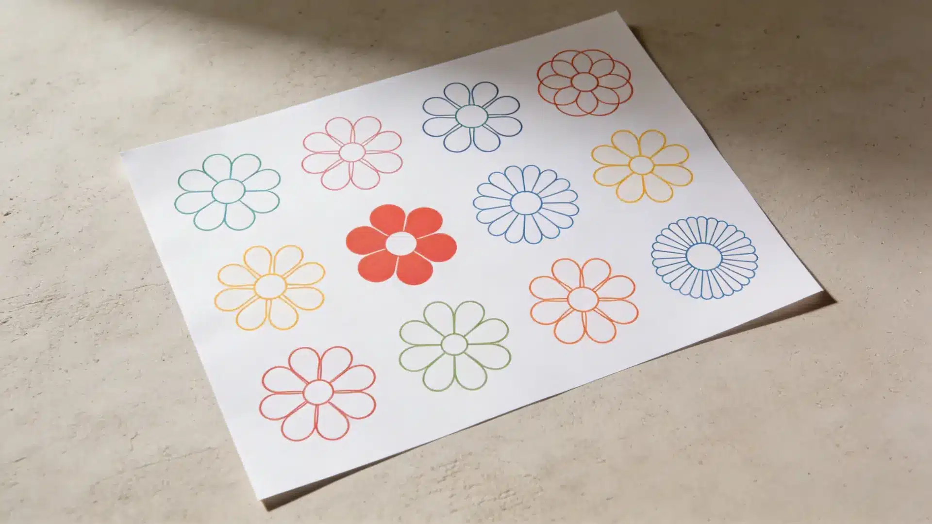 Simple flower drawings colored on paper forming a small scene