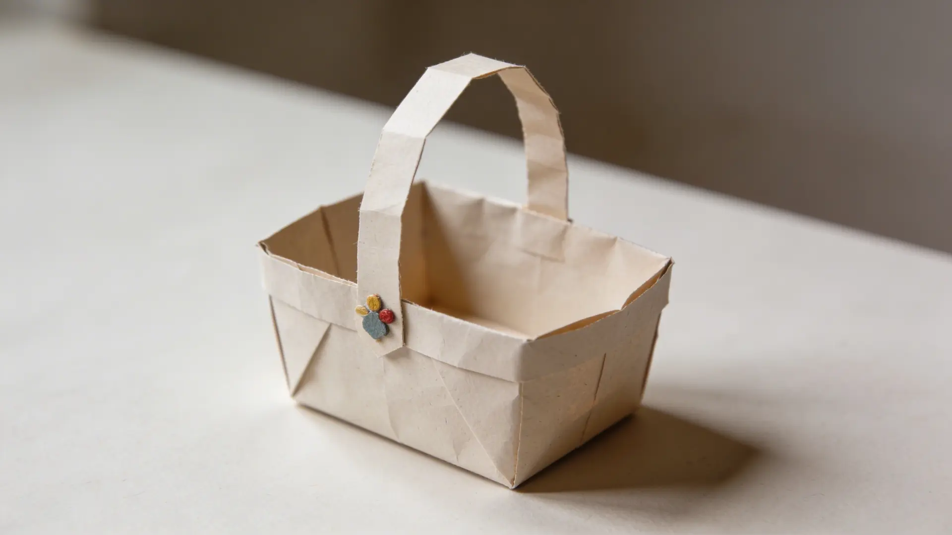 Small paper basket with handle and simple decorative patterns