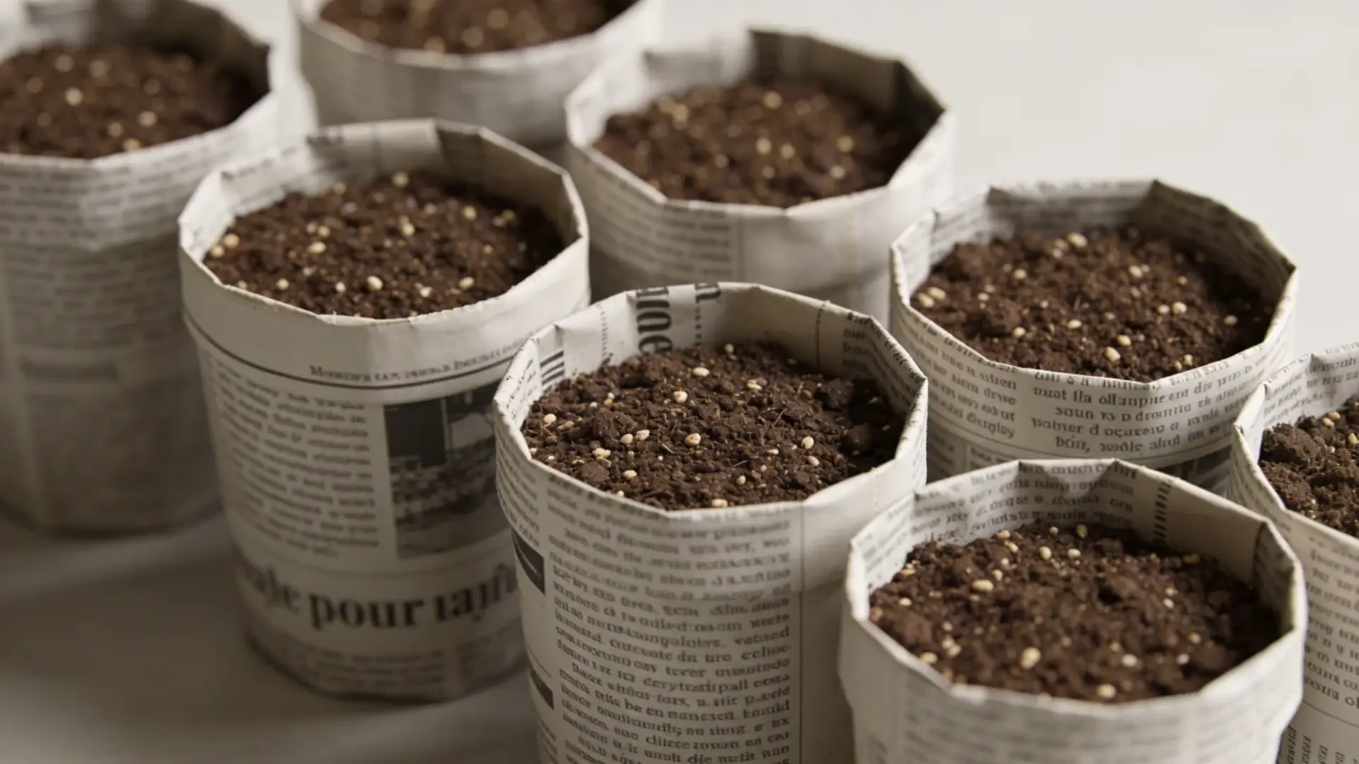 Small seed pots made from newspaper filled with soil