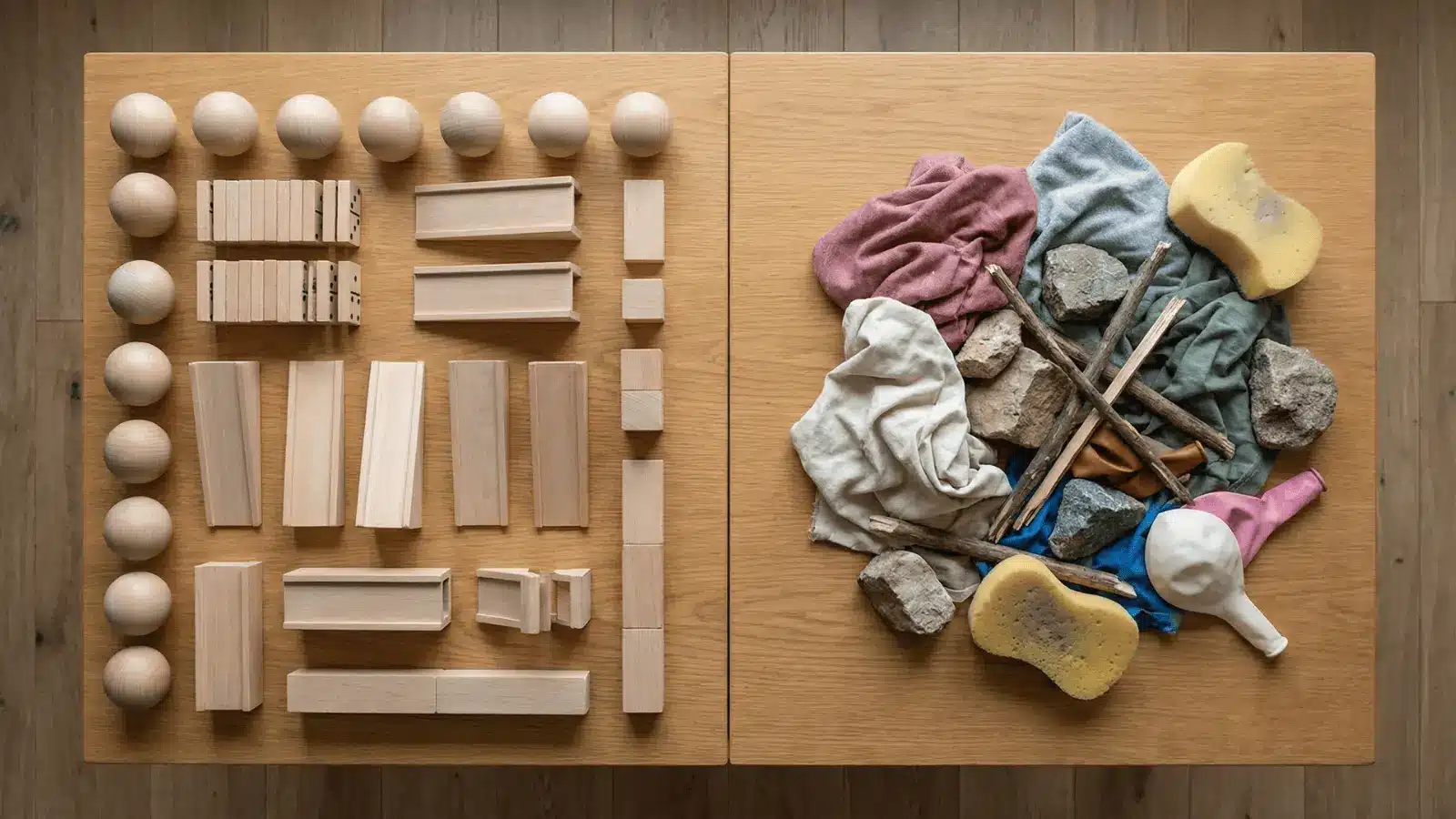 Stable materials like balls and dominoes placed beside soft and uneven items on a table