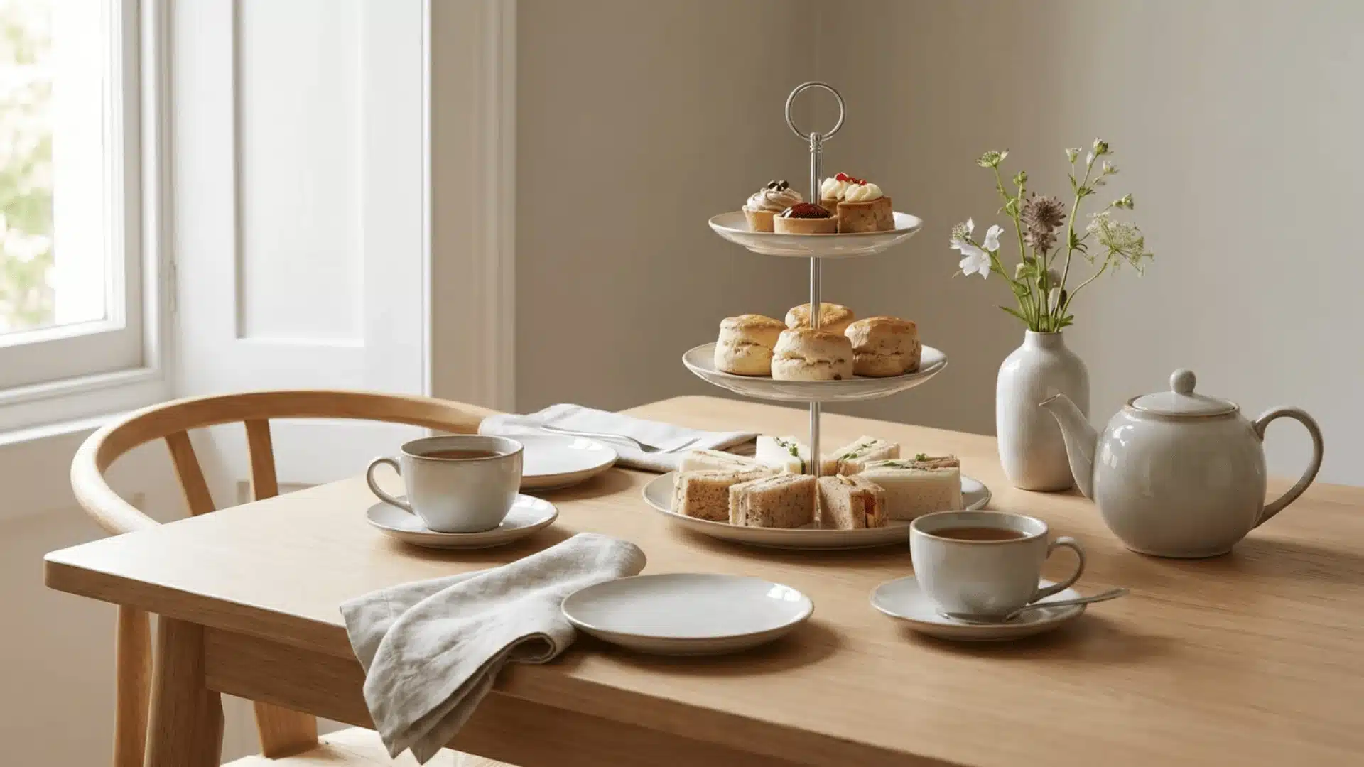 Tea table with cups, plates, and pastries
