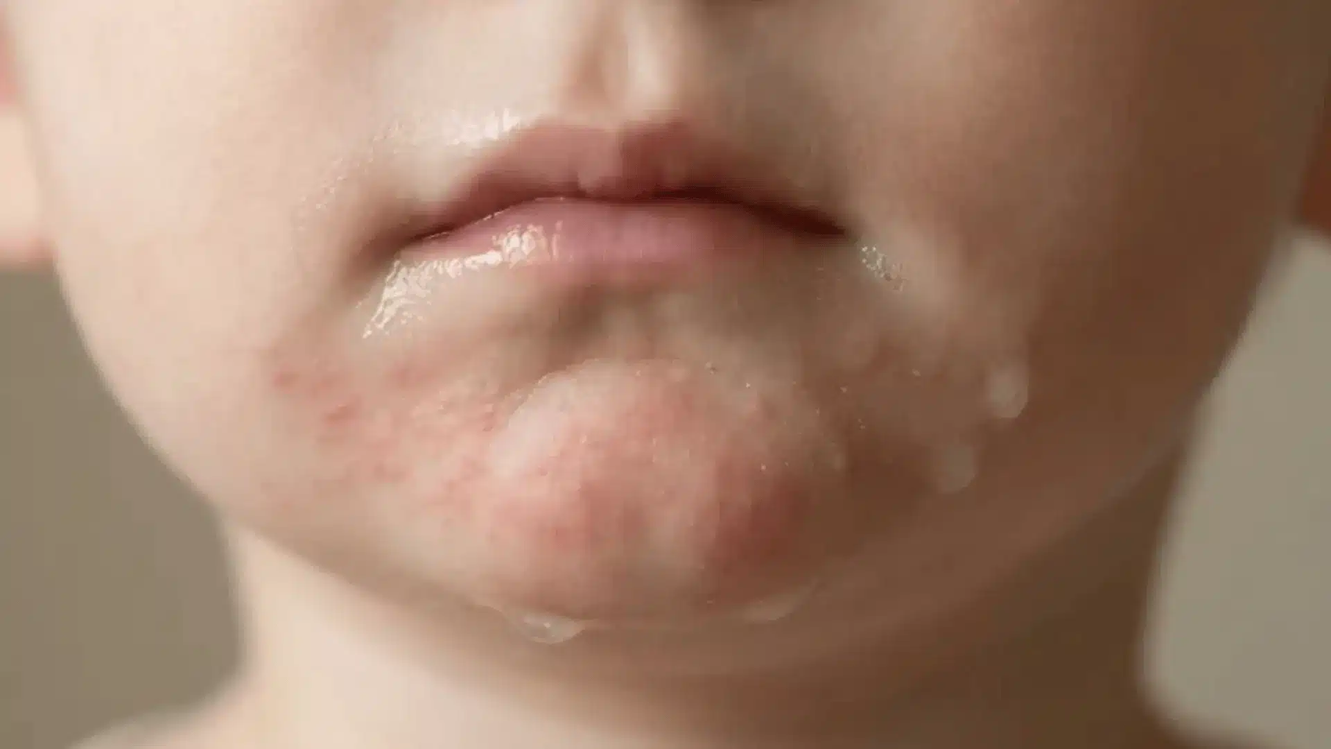 Toddler face with drool around mouth and mild rash visible on chin area