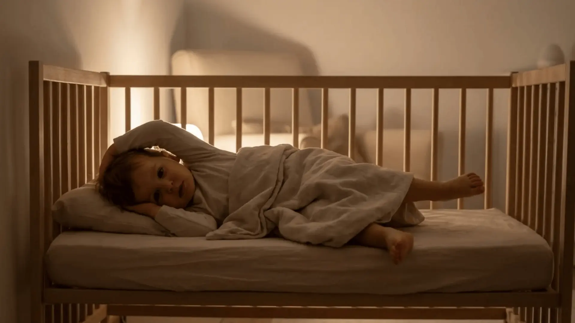 Toddler lying awake in crib at night with dim light in bedroom