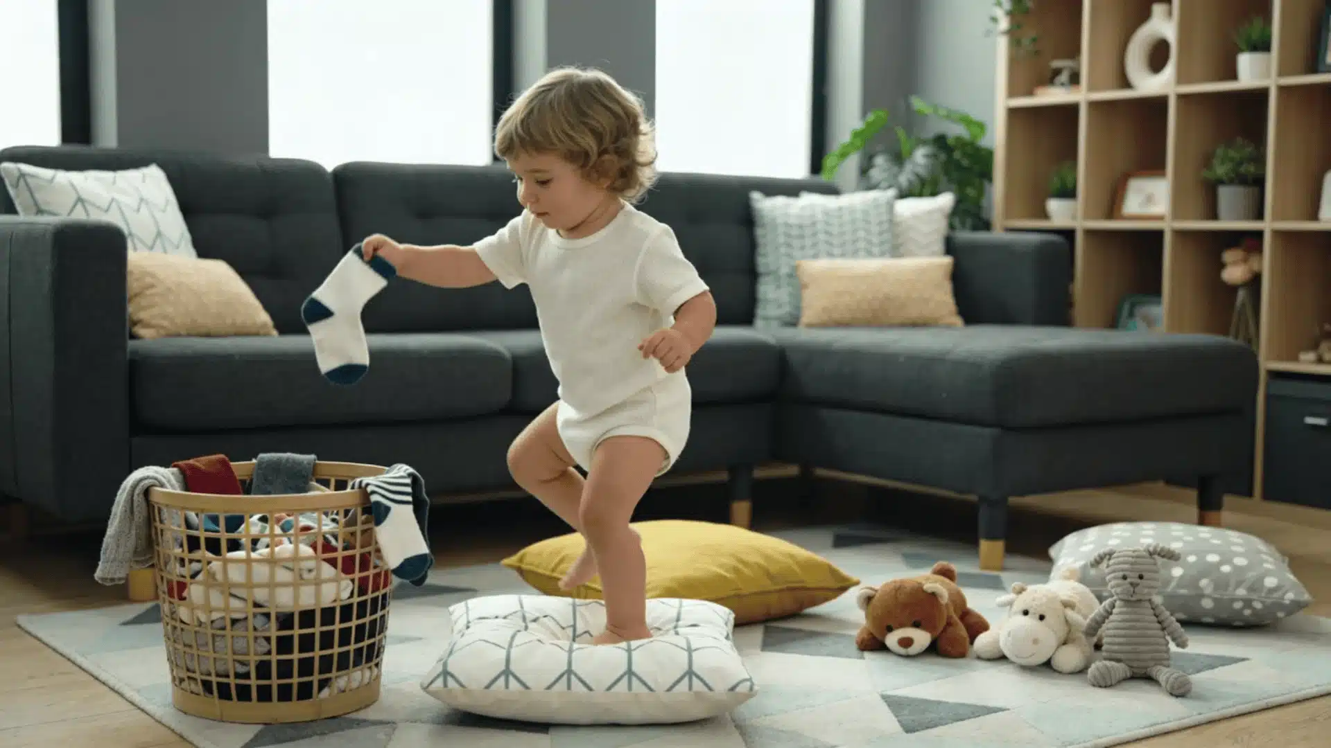 Toddler playing with pillows and throwing socks into a basket indoors