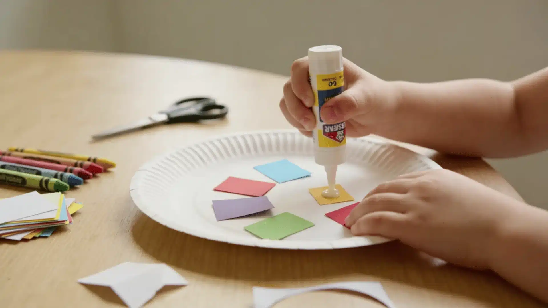 Toddler using glue and paper pieces to create simple crafts on a table