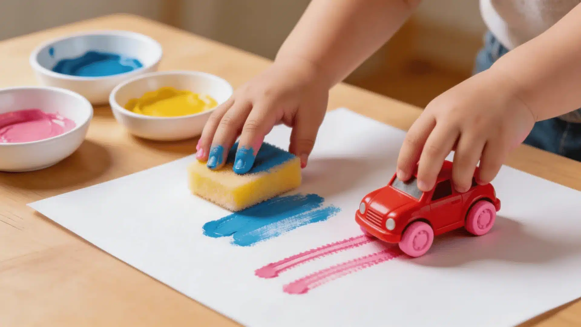 Toddler using sponge and toy car to paint on paper with bright colors