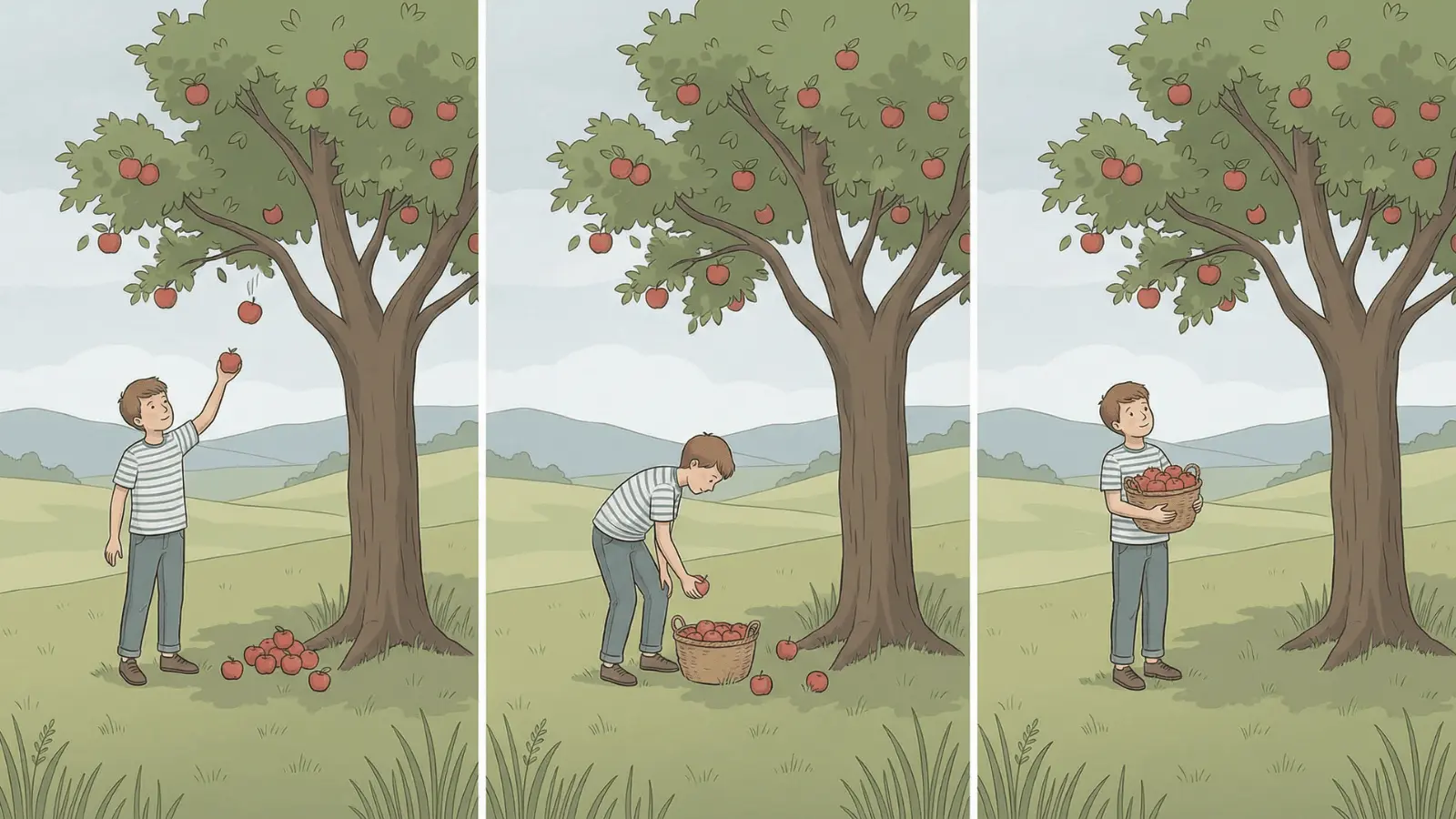 Tree giving apples to a boy repeatedly while remaining in the same place