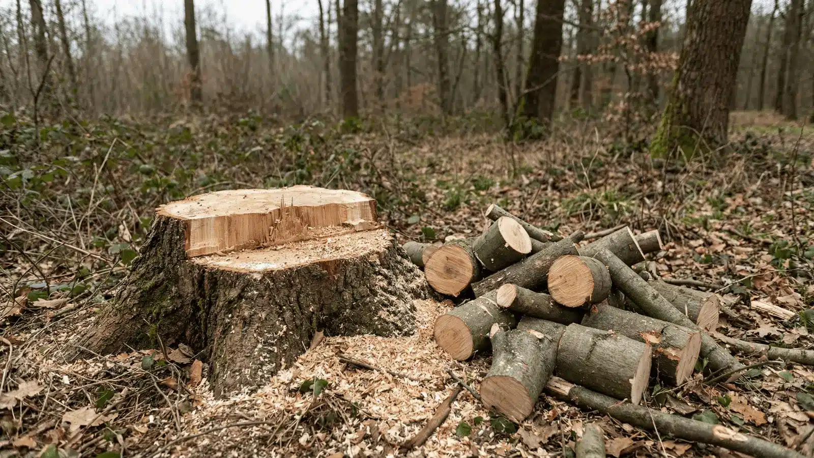 Tree reduced to a stump with cut trunk pieces placed beside it
