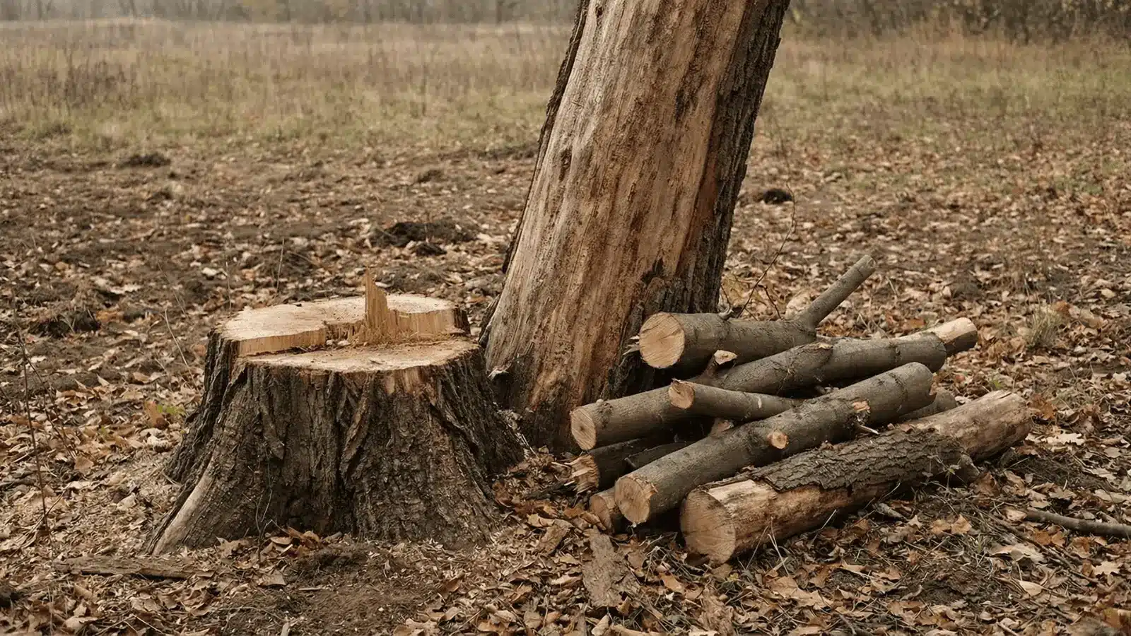Tree with fewer apples and brancTree reduced to trunk and stump with cut branches lying on the groundes while a boy continues taking from it