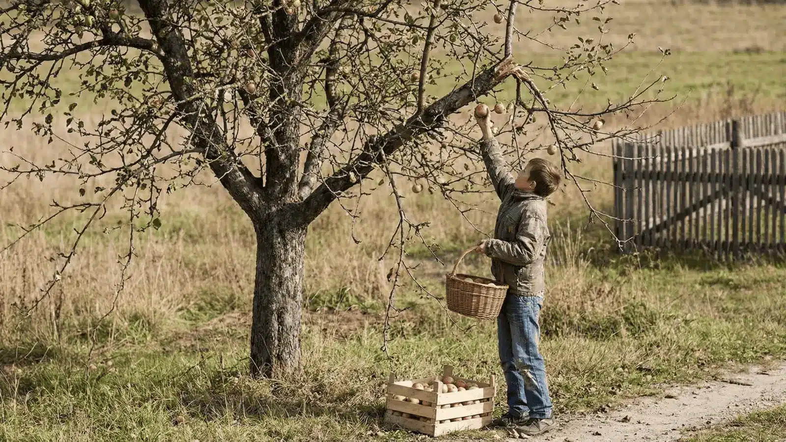 Tree with fewer apples and branches while a boy continues taking from it