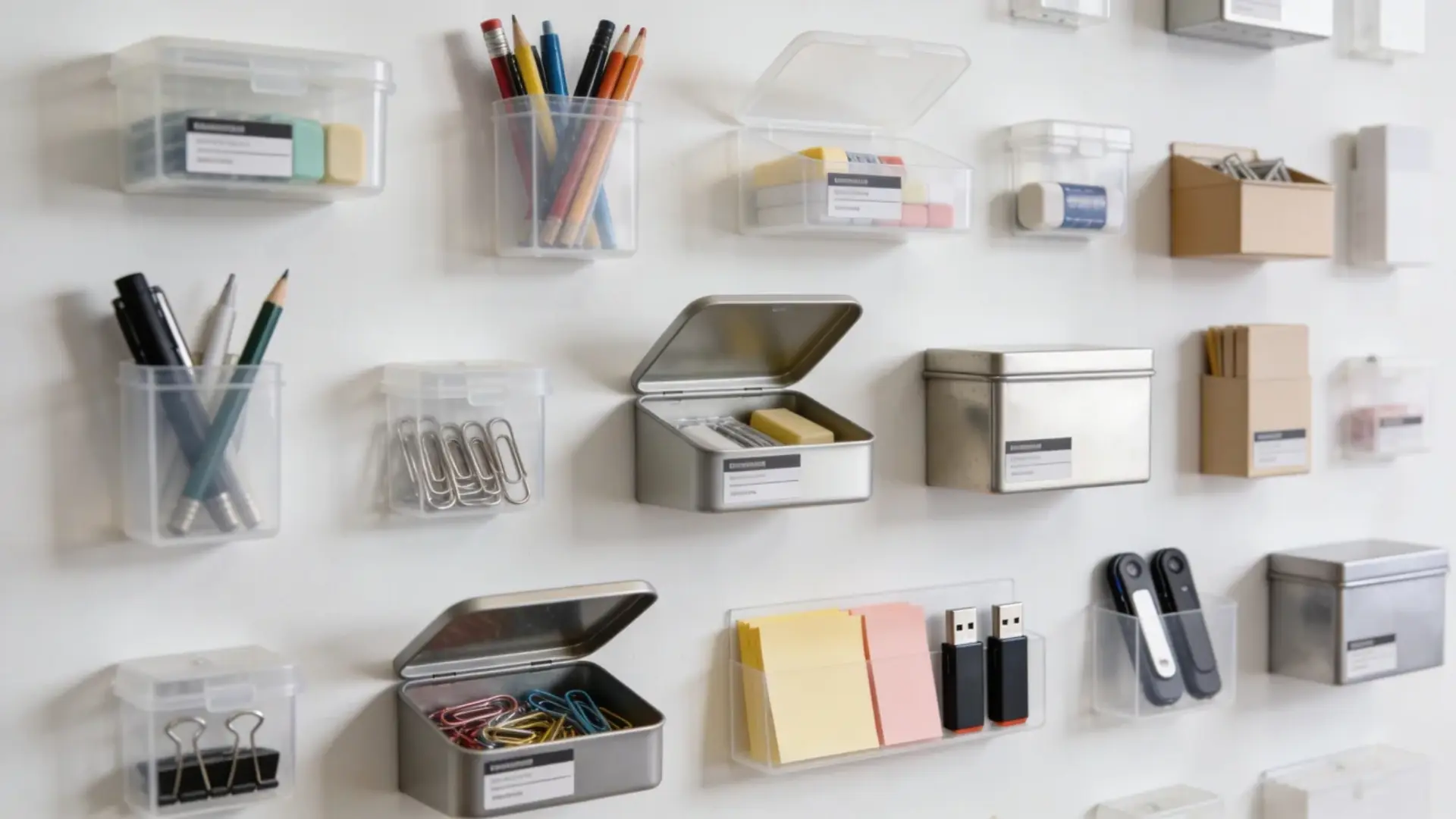 Wall-mounted containers used to organize small items and stationery