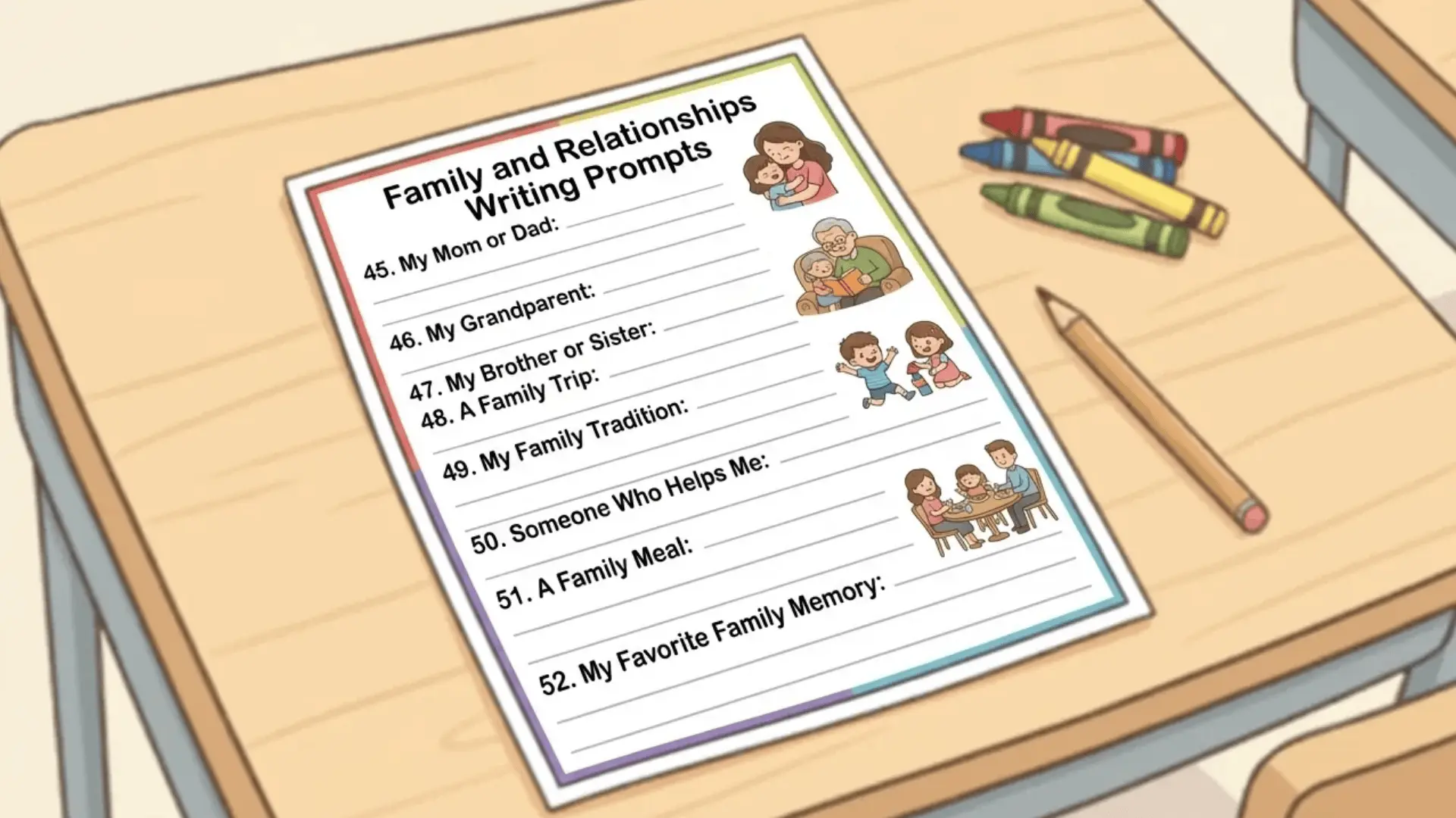 Worksheet titled “Family and Relationships Writing Prompts” on a desk with crayons and a pencil nearby