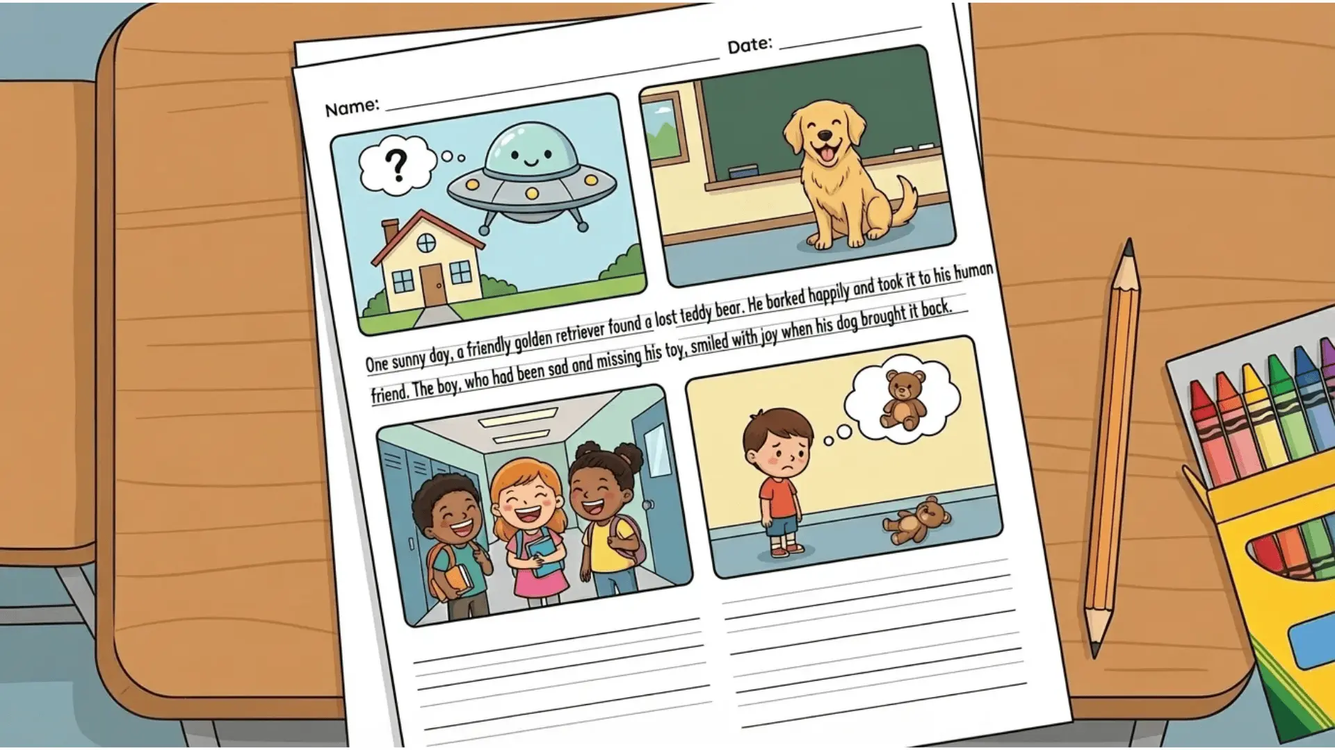 Worksheet with drawings of a house scene, pet in classroom, laughing school moment, and lost toy for story prompts.